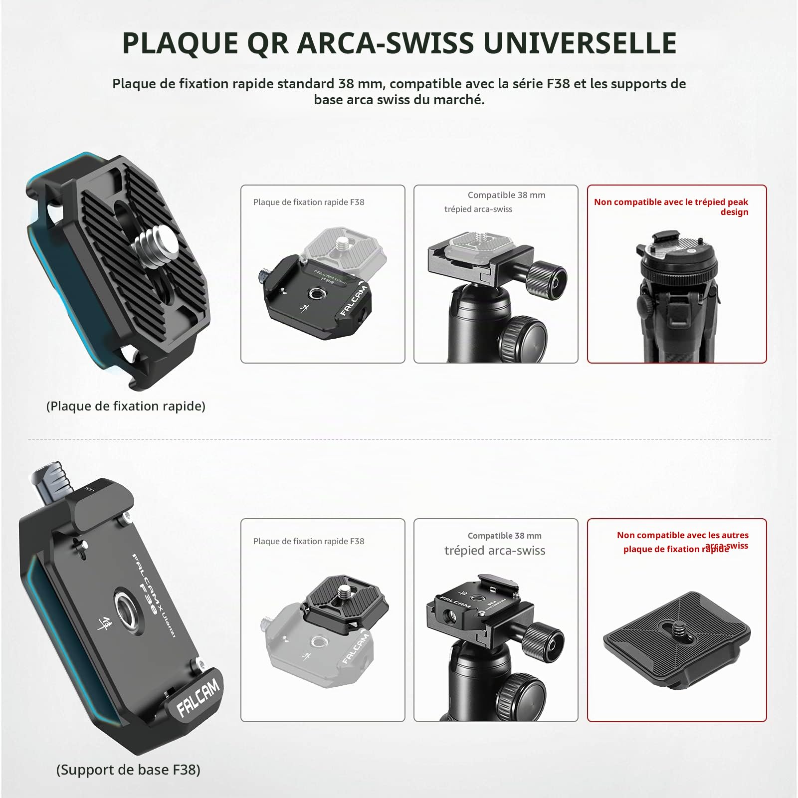 FALCAM F38 Plaque de Fixation Rapide pour caméra avec Filetage 1/4" vers 3/8", Adaptateur de Montage Rapide pour trépied/stabilisateur/Gimbal/Slider