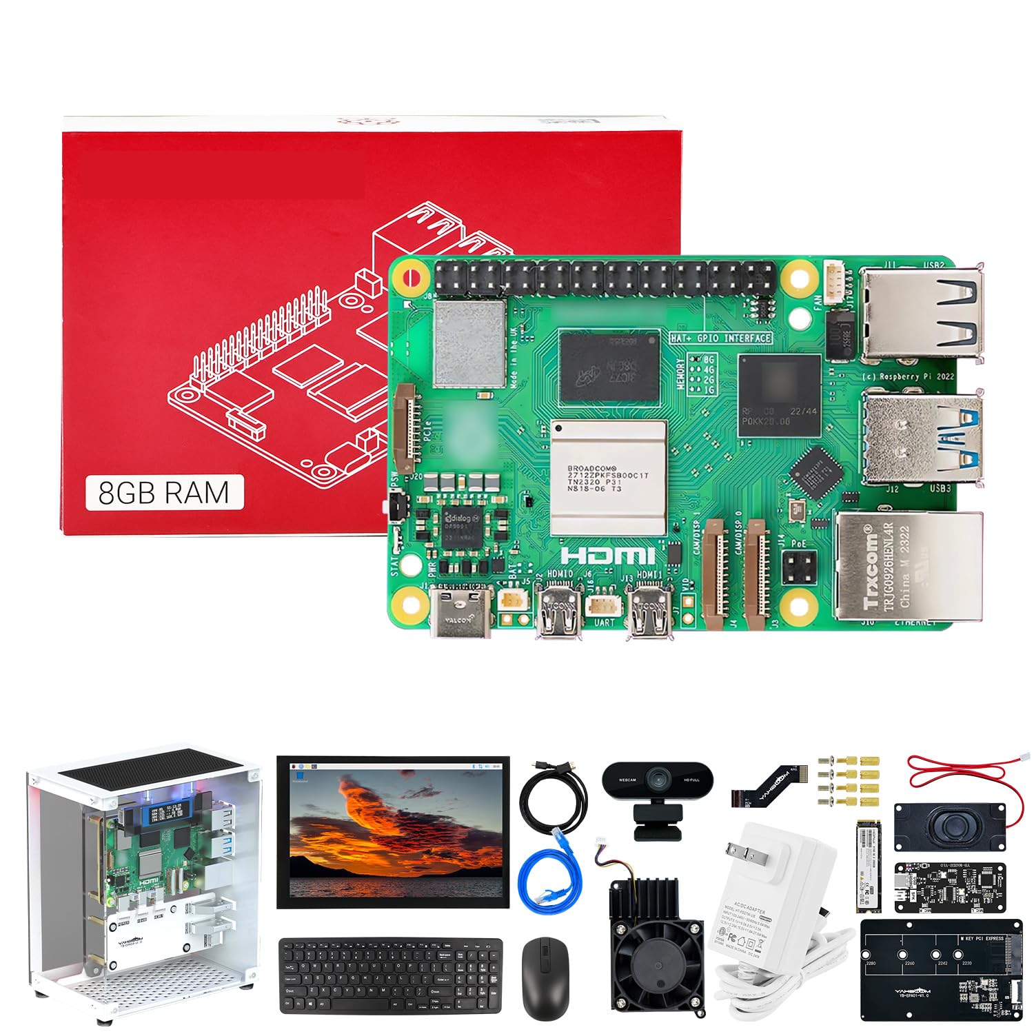 Yahboom Pi 5 8GB RAM Starter Kit with 27W 5.1V/5A Power Adapter 270° Panoramic Pi 5 Case PCIe Expansion Board, USB Camera, HD Display Provide Openclaw Deployment