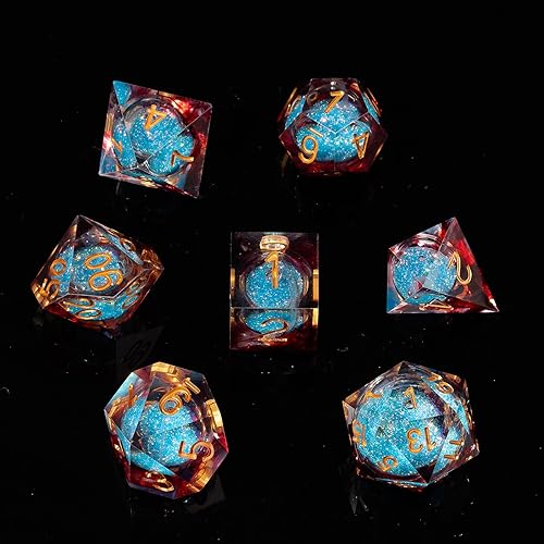 DND-Blue Flow - Juego de dados DND hechos a mano, 7 accesorios, dados de borde afilado para juegos TTRPG de Calabozos y Dragones, RPG multicara de