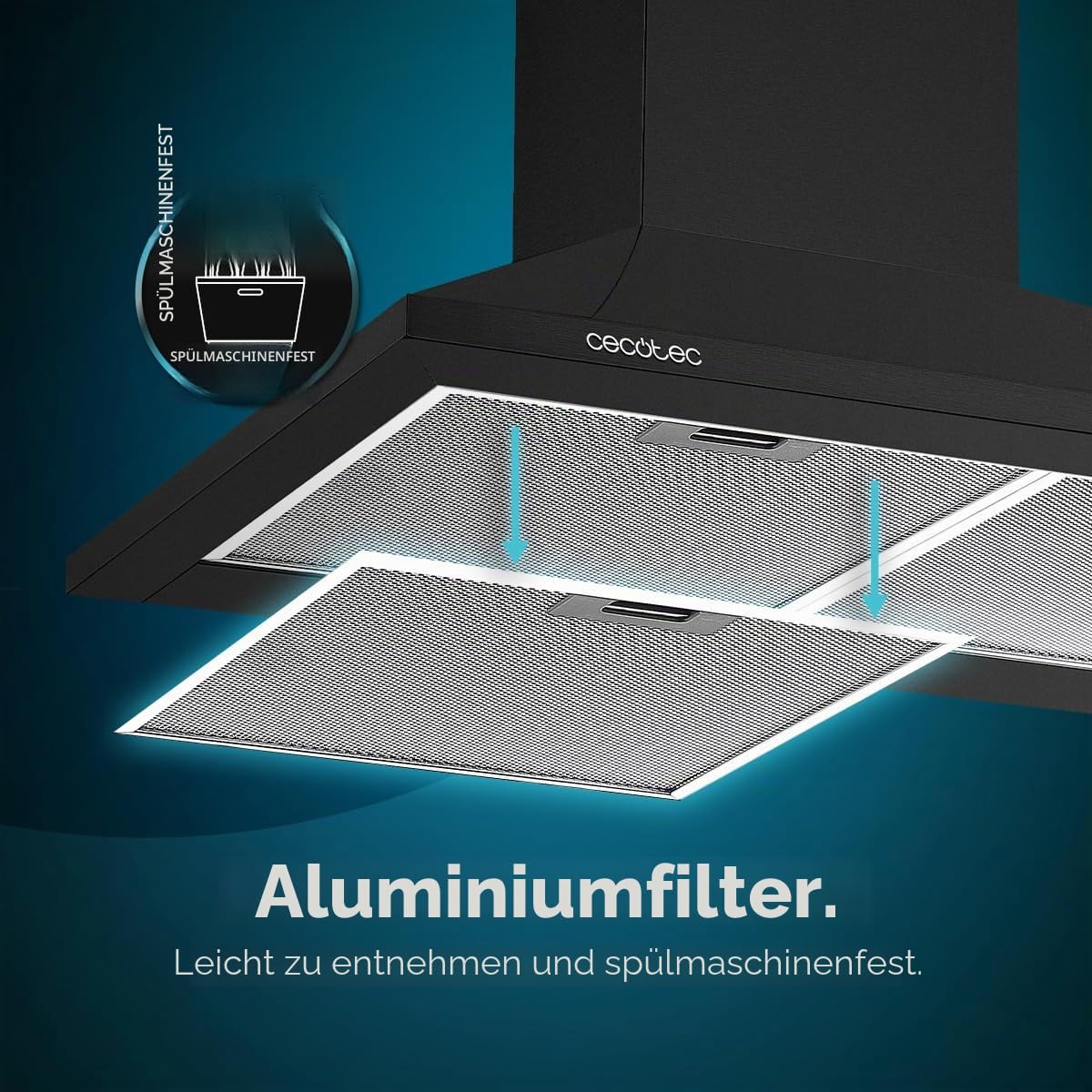 Cecotec Bolero Flux PM 604300 Pyramiden-Dunstabzugshaube, 60 cm, Motor 105 W, Saugleistung 430 m³/h, mechanische Steuerung, 3 Leistungsstufen, Licht, Aluminiumfilter, schwarzes Finish