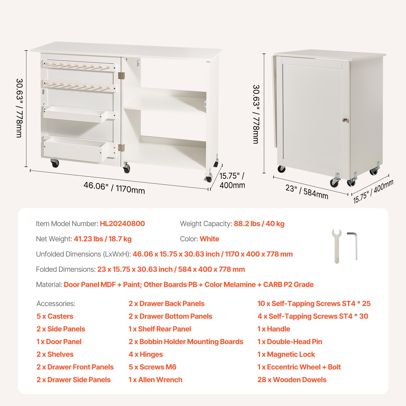VEVOR Table de Couture Pliante, Table pour Machine à Coudre Polyvalente avec Design Compact, roulettes verrouillables, étagères, Plateaux de Rangement, Chevilles en Bois et Portes magnétiques, Blanc