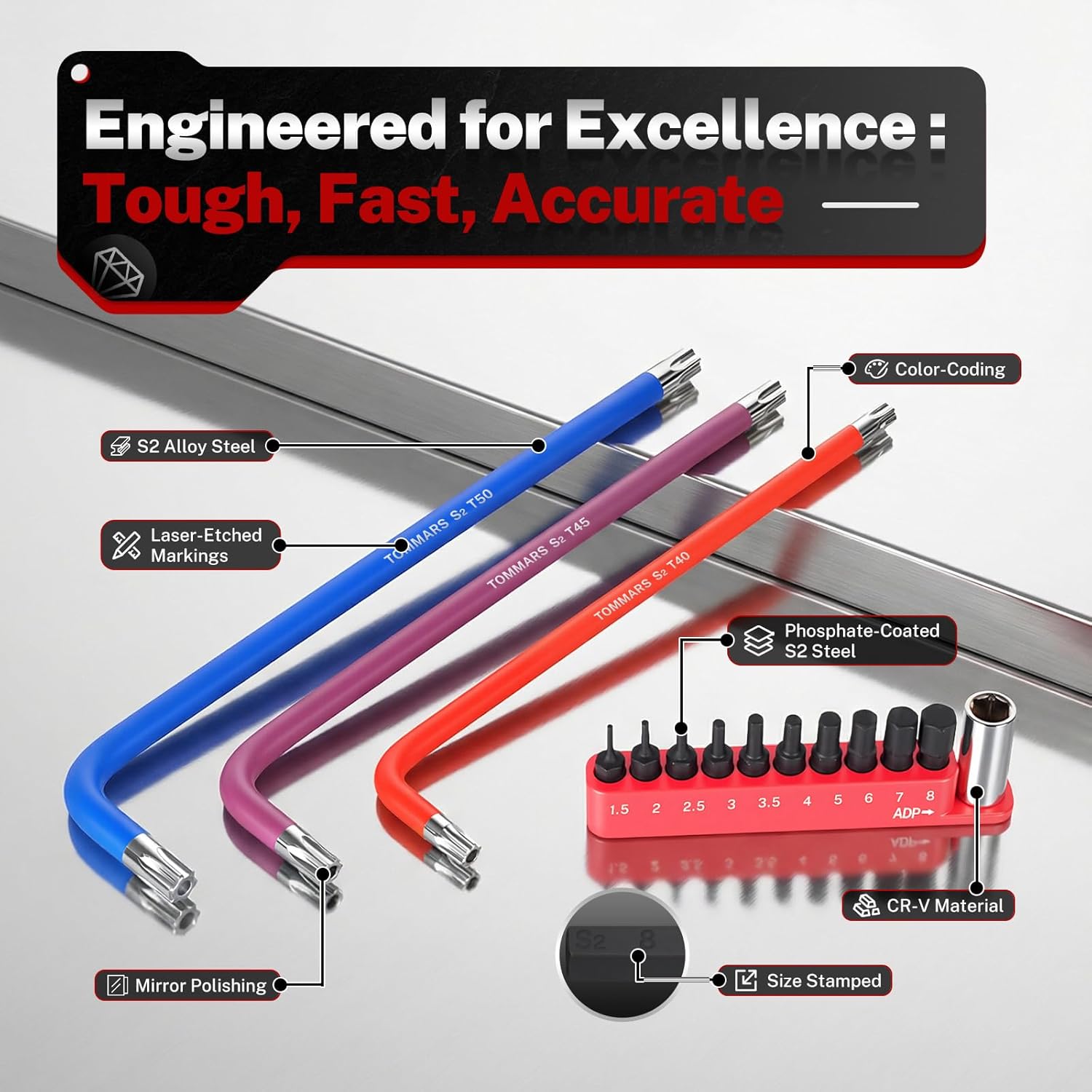 TOMMARS 20-PC Magnetic End Torx Wrenches Set,Color Coded and Extra Long Arm TORX(T10-T50) With Hex Bit Set and Adapter