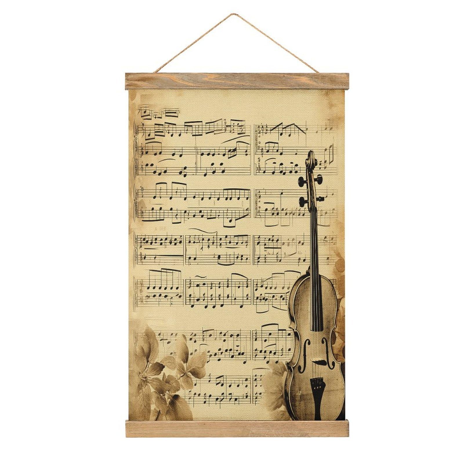 VstaDank Music Notes on Old Paper Hanging Poster with Wooden Frame Modern Linen Hanging Painting Retro Style Wall Decor Art Painting for Living Room,Bedroom Decor Poster Frame 20.4x13.1inch