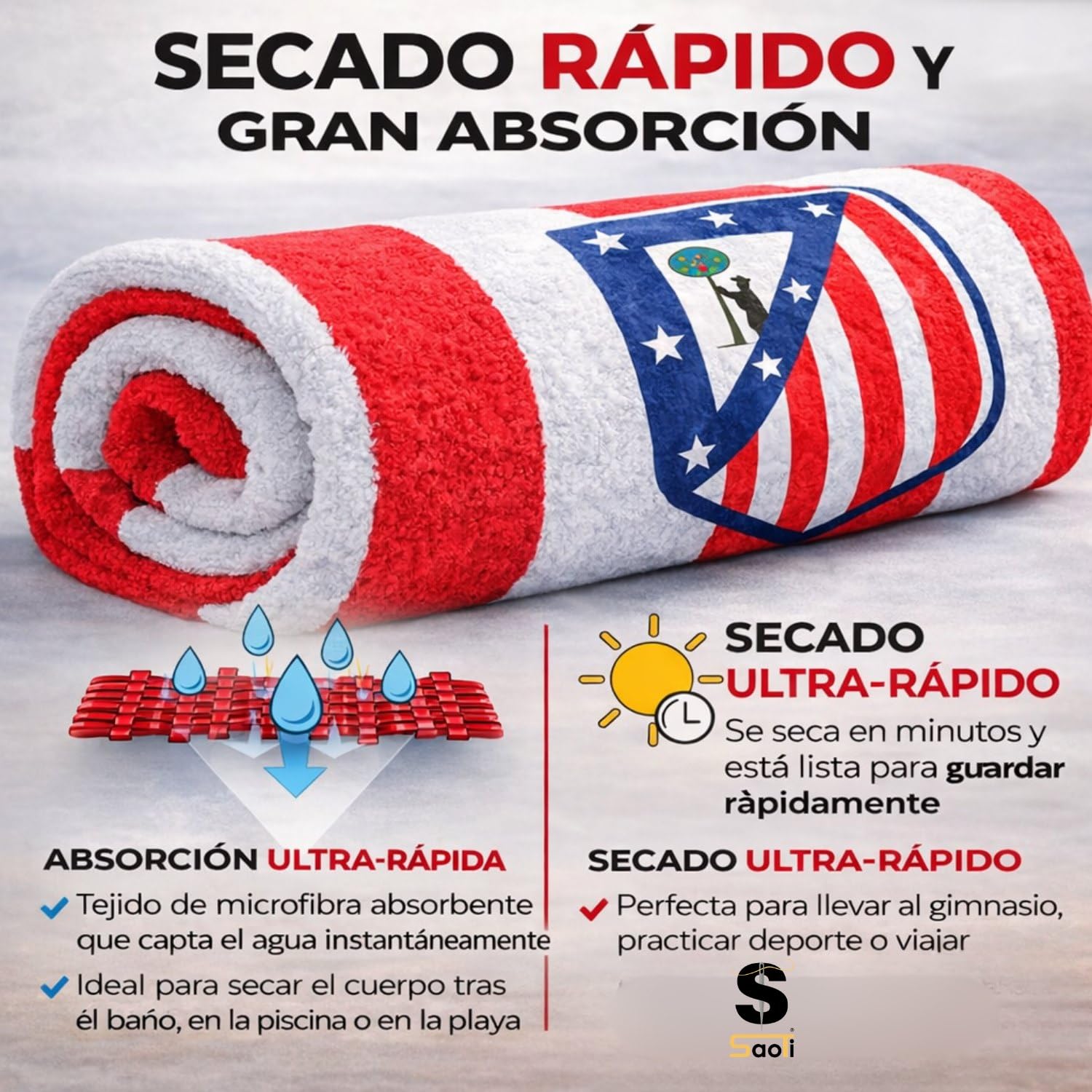 Asciugamano Ufficiale Atletico Madrid In Microfibra – SaoTi – Rosso E Bianco, Ideale Per Spiaggia, Palestra E Viaggi - 4