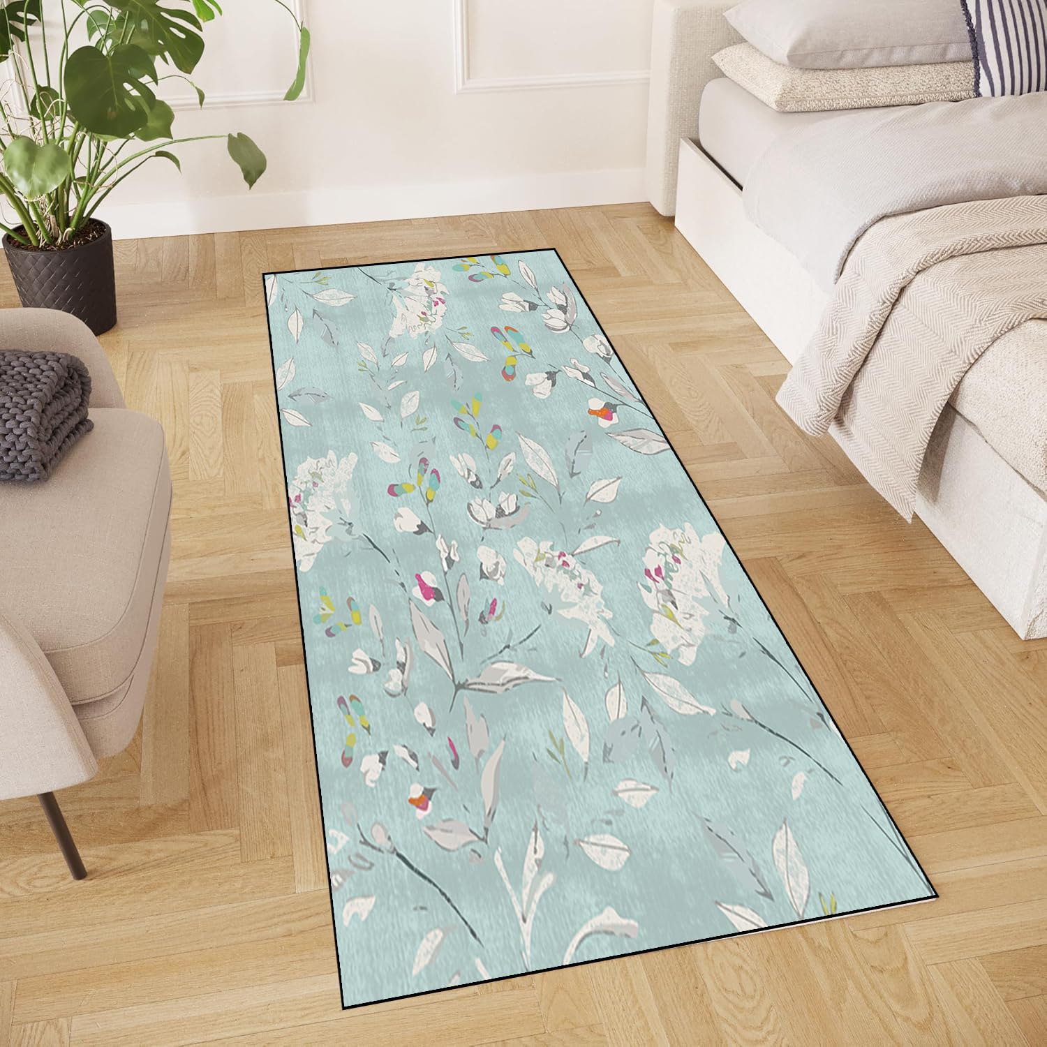 Teppich Läufer Flur Küchen 50x350CM Waschbar rutschfest Waschbar Meterware Schlafzimmer Korridor Teppichläufer Lang, Länge Anpassbare, 40-120cm Breit,Shallow Lotus Blue Flowers