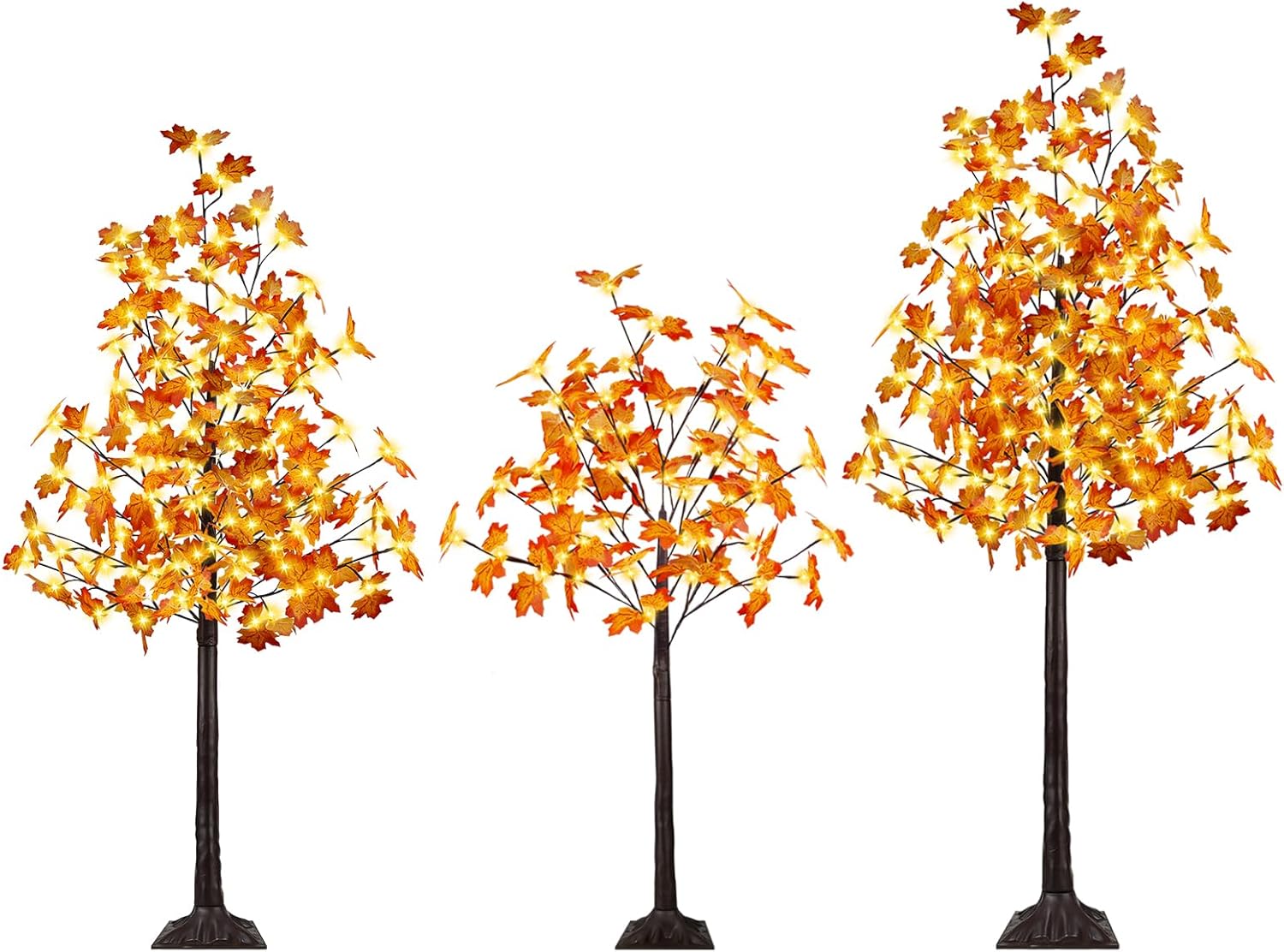 set of 3 pre-lit artificial lighted maple tree with timer, 4ft 5ft and 6ft 288 led warm white light up fall decor for indoor outdoor thanksgiving day halloween home porch party decoration, orange 3 pack 4ft+5ft+6ft