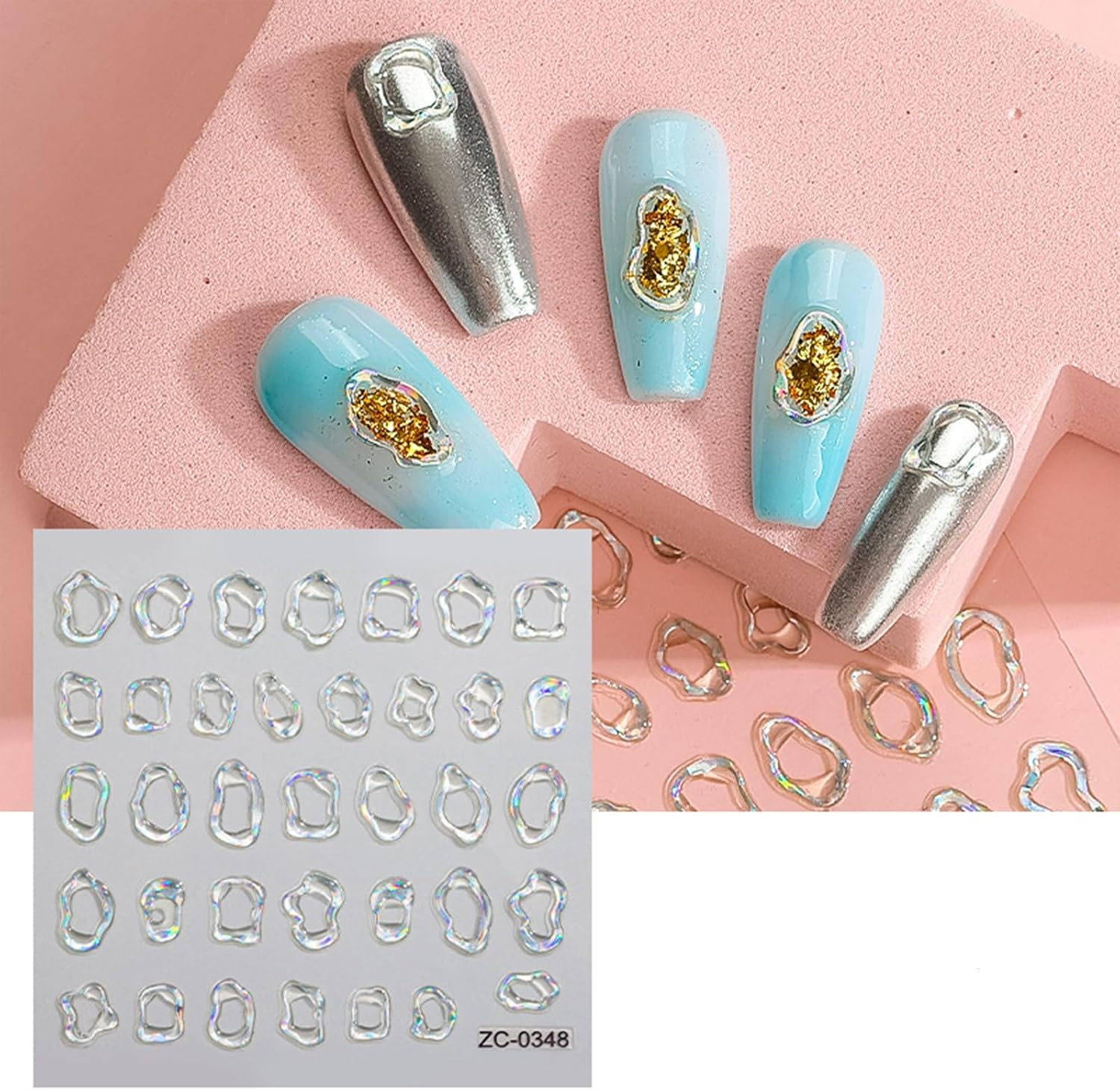 5D Gold Embossed Nail Art Stickers Decals Crystal Soft Glue Irregular Geometric Frames Nail Stickers Heart Hollow Designs Nail Decals Self Adhesive Nail Supplies Acrylic DIY Nail for Women Nail Decoration 5 Sheet image 5