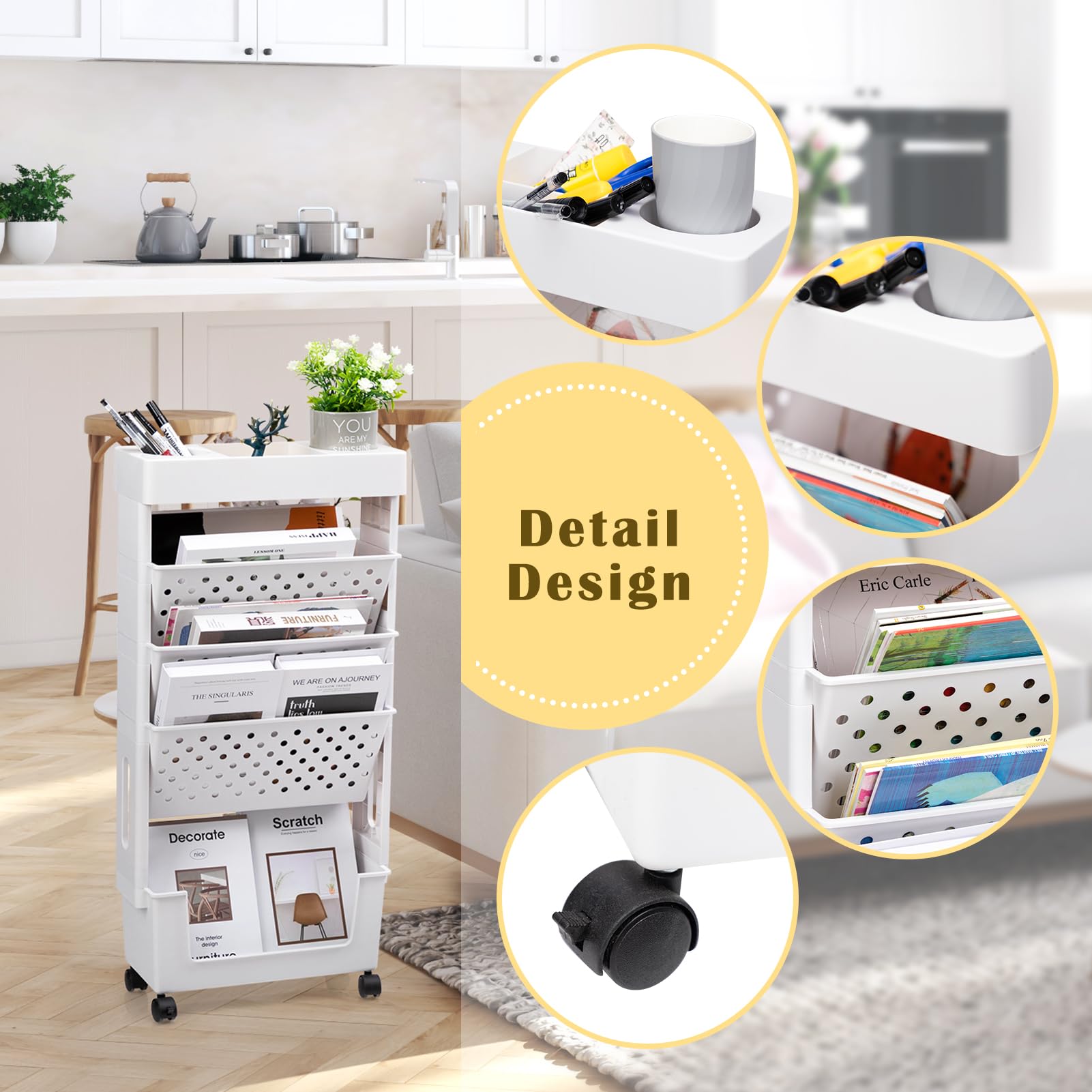 DOEWORKS Mobiele Boekenplank met Wielen Kleine Rollende Boekenkast Opbergtrolley Kunsttrolley 5-laags Slanke Boekenkast Verplaatsbare Boekenplank voor Woonkamer Slaapkamer Kantoor Bibliotheek, Roze