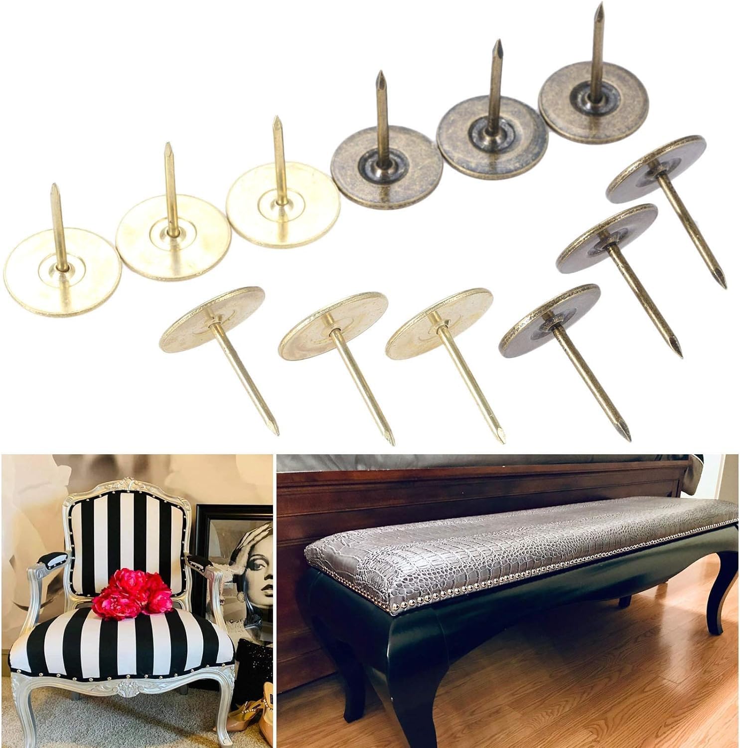 Tachuelas de tapicería, Caja de Madera de Metal for Muebles, 10 Uds., 15x19mm, Clavos de Cabeza Plana, Tachuelas Decorativas, Pasador de Bronce Antiguo/Oro(Gold)