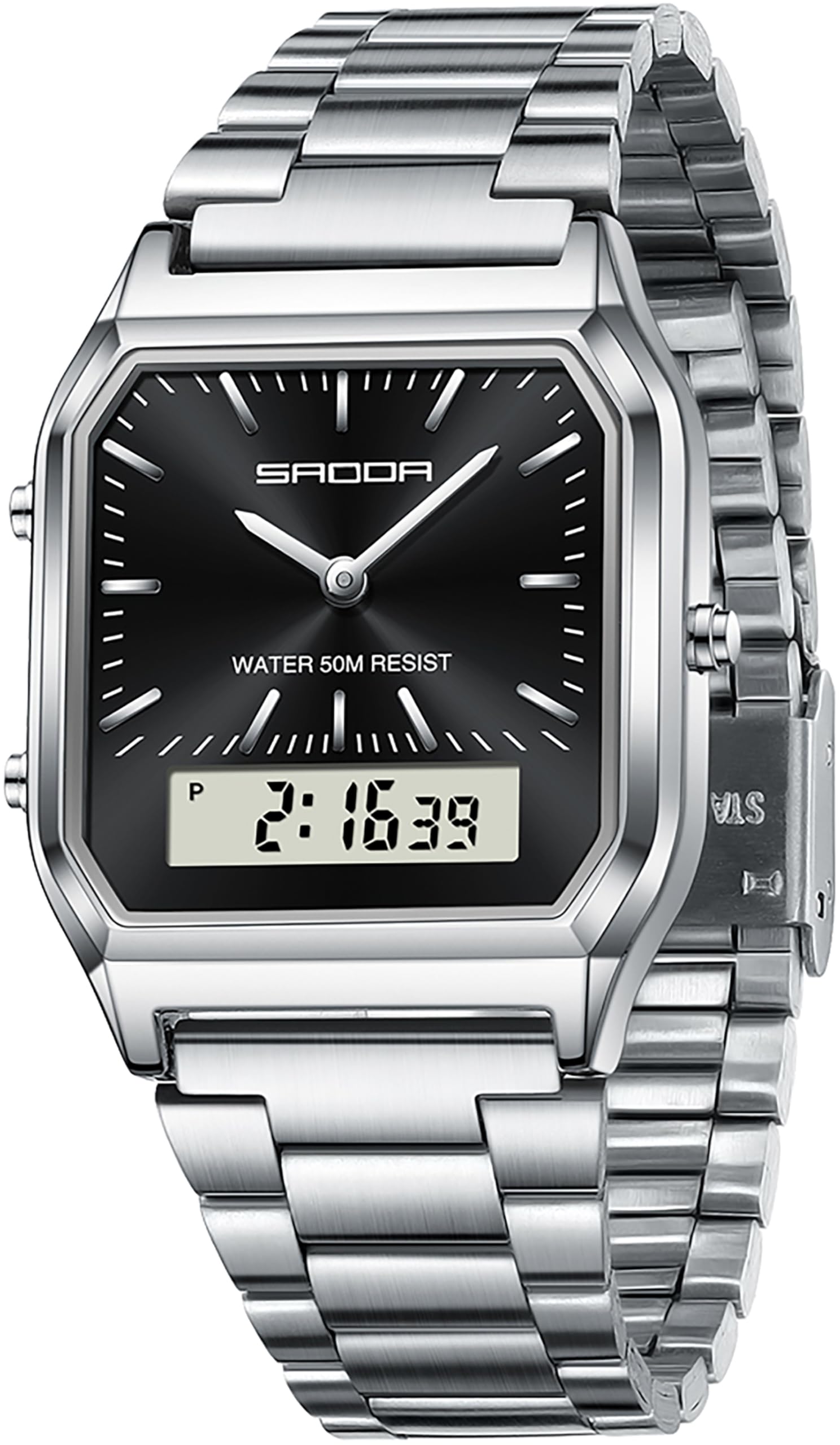 findtime Uhren Damen Herren Retro Business Klassische Quadratische Armbanduhr Edelstahlarmband Analog Digital 5ATM Wasserdicht LED Datum Wochentag DREI Zeitzonen Luxus Uhr
