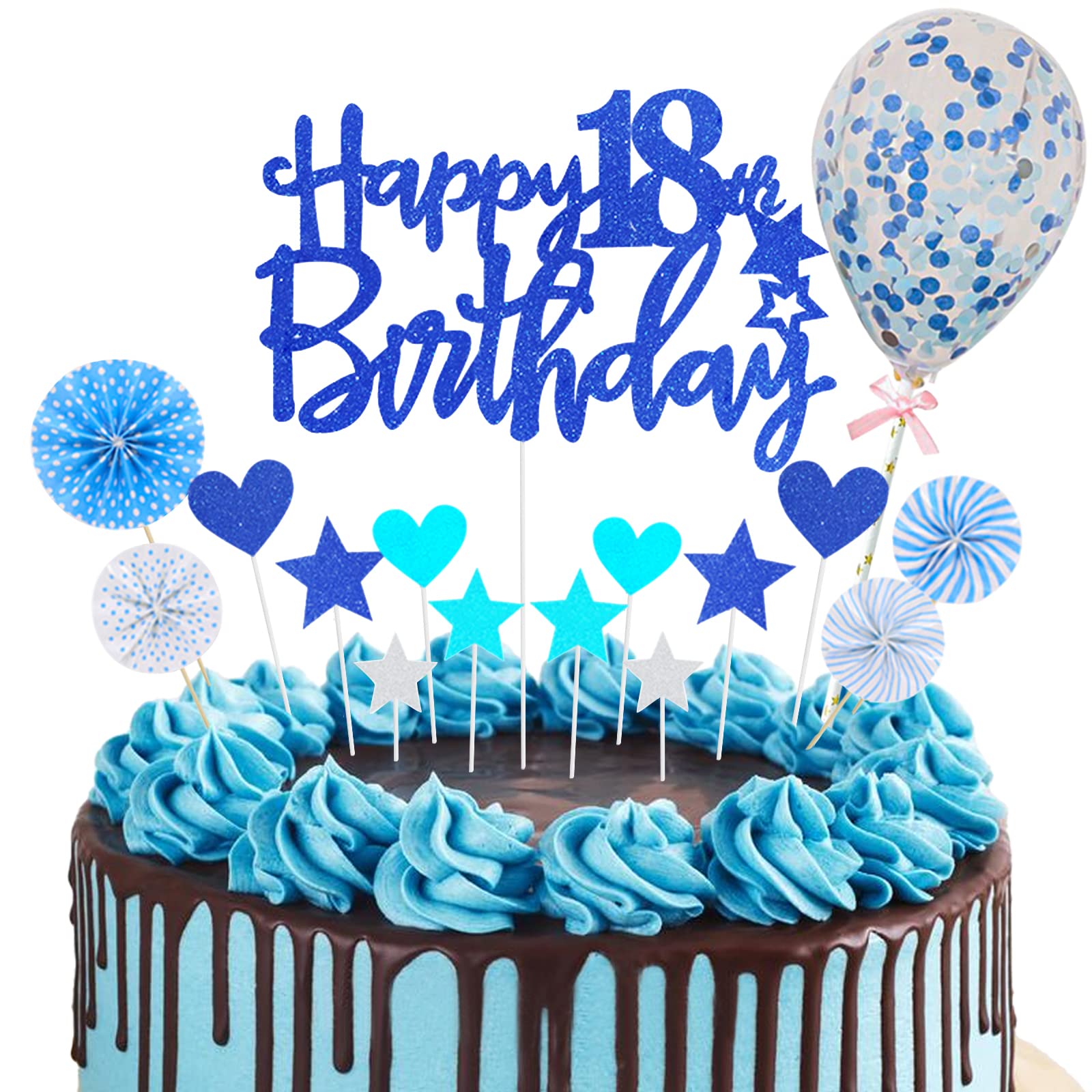 Happy 18th Birthday Cake Topper Blue Glitter Royal Blue 18th Birthday Cupcake Topper Set with Star Heart Paper Fan Balloons Dark Blue Cake Decorations for Boys Girls Him Her Eighteen Years Old Party