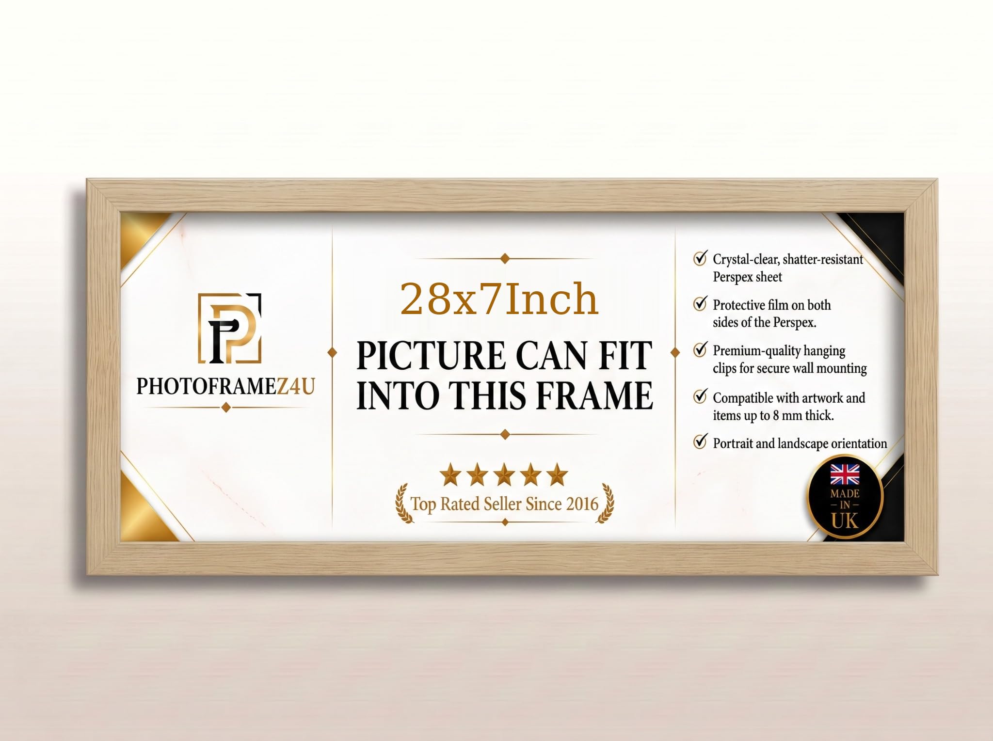 28x7 Inch Thin Panoramic Picture Frame | Oak Panoramic Photo Frame & Poster Frame for Pictures, Photos, Documents, Jigsaw Puzzles, Artwork | Landscape or portrait Wall Mount Display