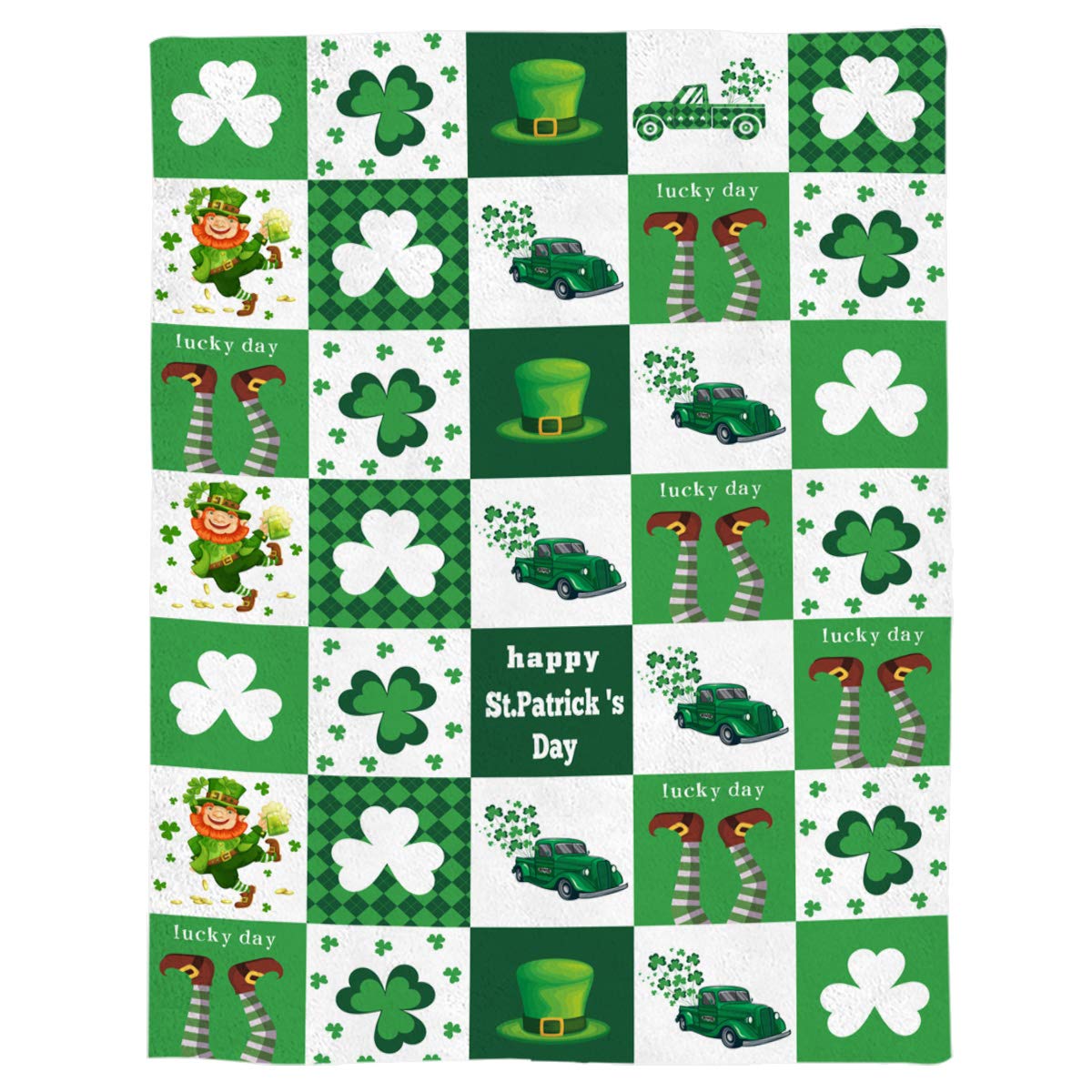 Wpamlrta Happy St. Patrick's Day Leprechaun Throw Blankets, Lucky Shamrocks Farm Truck Checkered Soft Fleece Blanket Decorative for Home Sofa Couch Chair Living Bedroom,50x60 inches, Spring Holidays