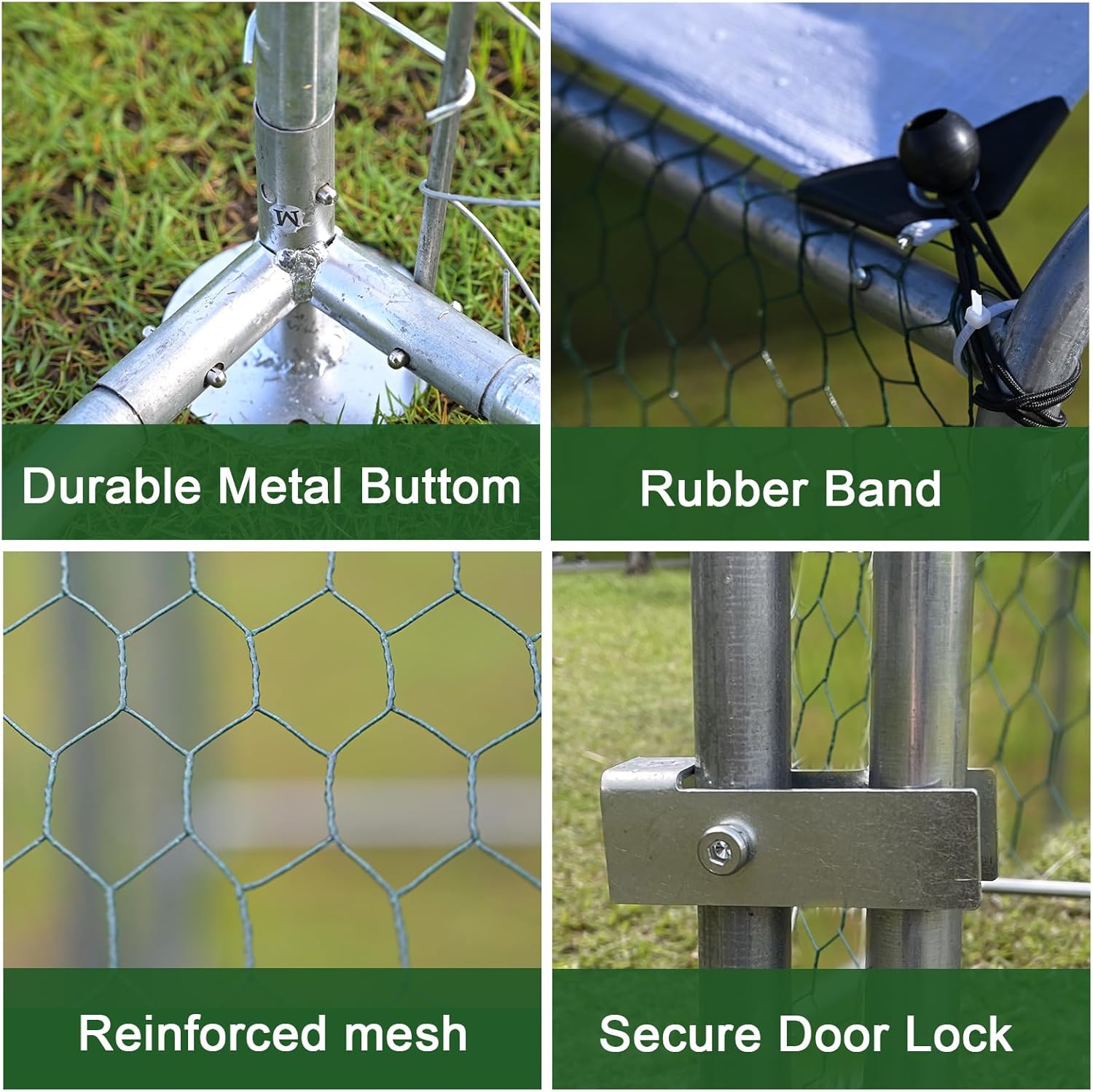 Close-up images showing durable metal bottom, rubber band for cover, reinforced mesh, and secure door lock.