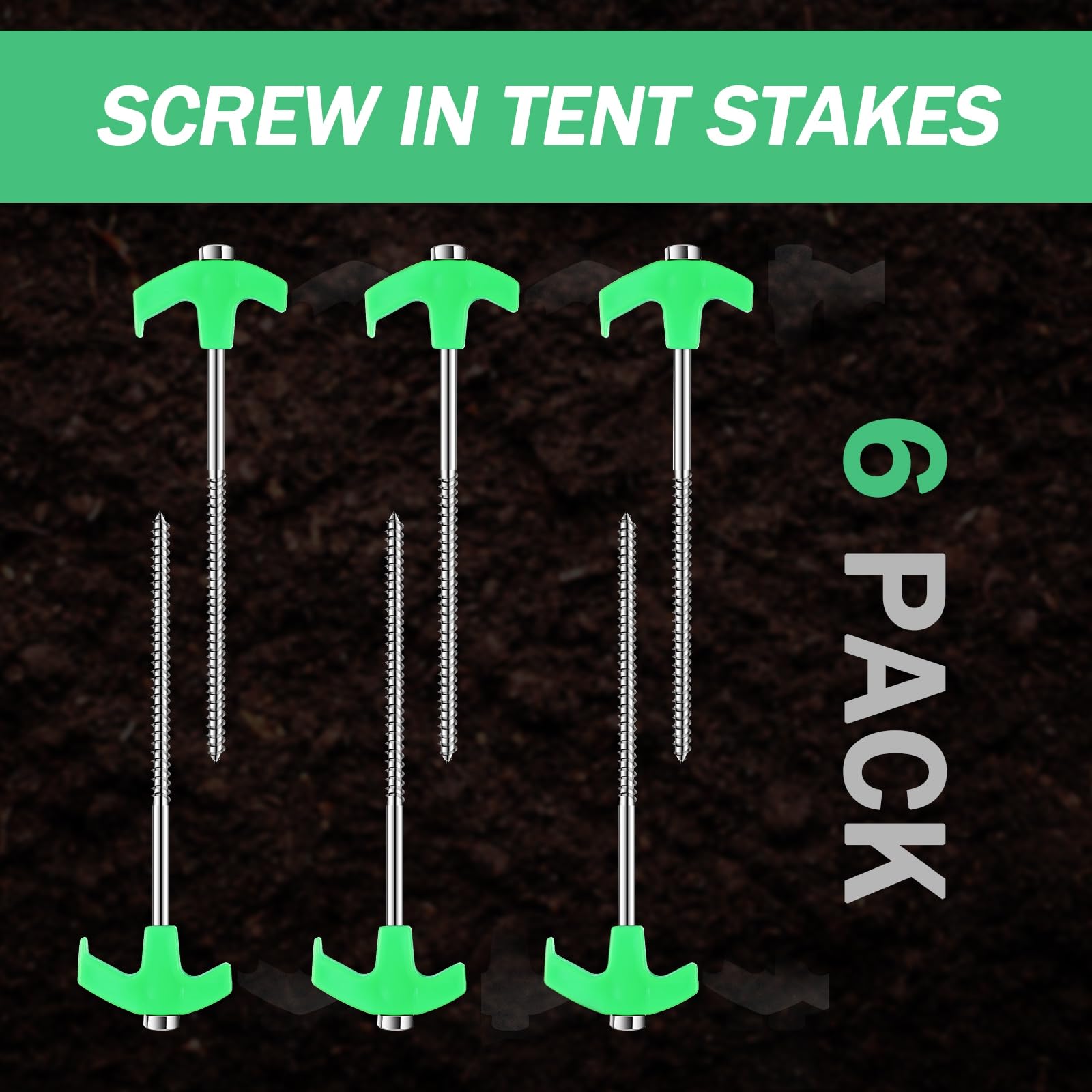 LOZAGU 6-Pack Screw in Tent Stakes Heavy Duty, 8”Drill in Style Ground Anchor Pegs with Hex Nut Driver. (6-Pack Tent Stakes)