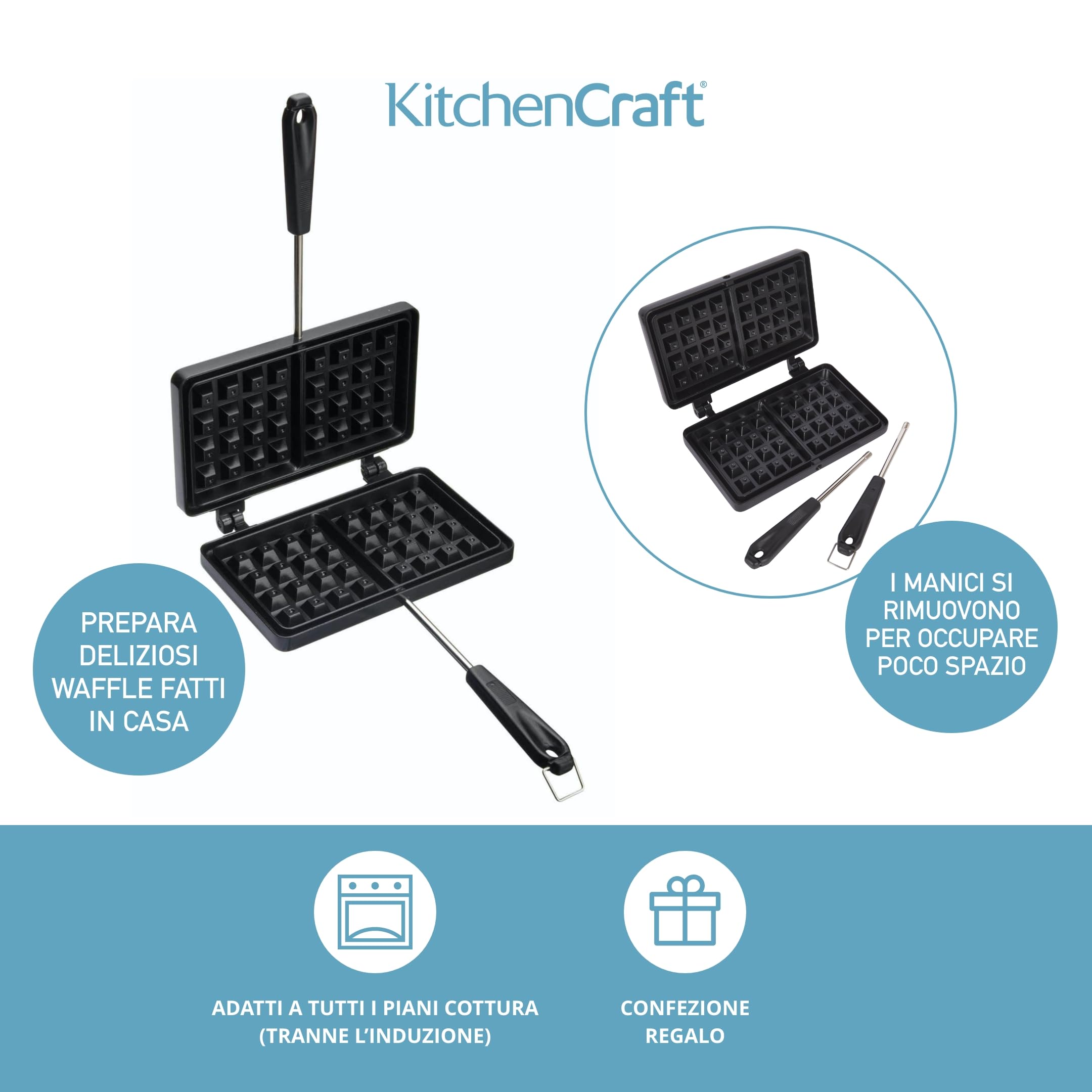 KitchenCraft Piastra per Waffle Antiaderente, 22 x 13 cm, Nero