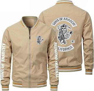ALECH Mens Baseball Bomber Jackets - Spring/Autumn Zip Cardigan Coat with Anarchy Sons Print Track Jackets for Sports/Work/Travel/Club/Riding - Teen Gift