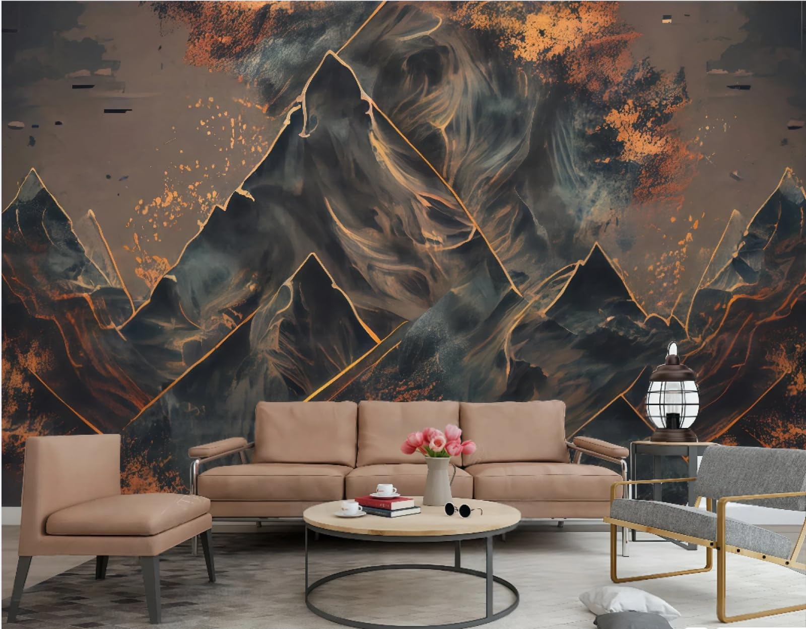Tapeta nowoczesny abstrakcyjny krajobraz górski malarstwo pomarańczowy sofa tło TV fototapeta salon restauracja kawiarnia fototapeta, 3D, 150 x 105 cm