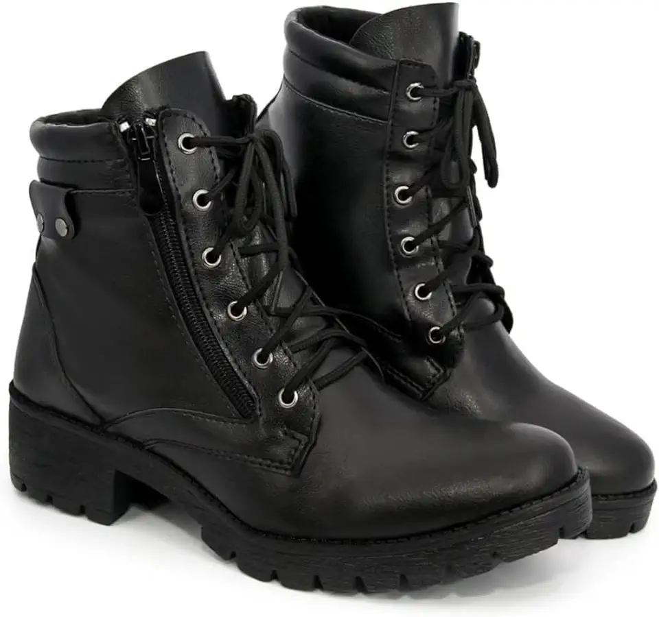 Bota Coturno Feminino Militar Cano Medio Semi Impermeavel com Ziper Lateral Cadarco Ajustavel e Solado Antiderrapante para Uso Urbano e Trabalho
