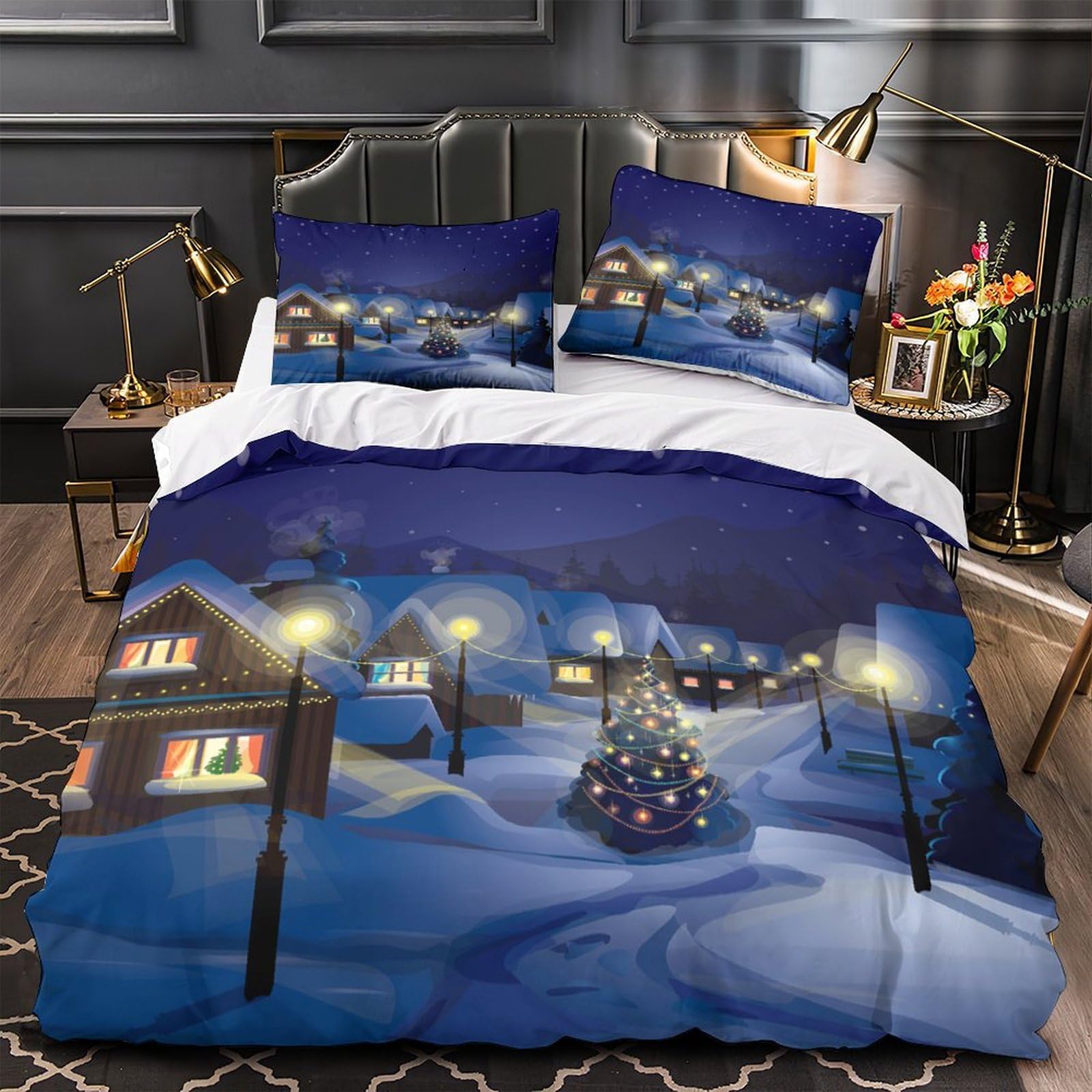 Housse de couette village de Noël 3D en microfibre 135x200cm pour lit simple