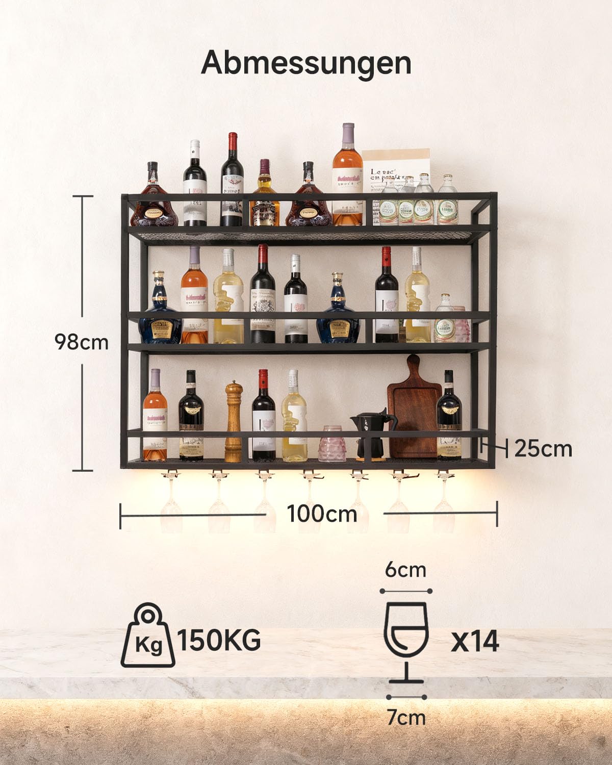 Botellero de Pared LED Moderno de 100 cm con Soporte para Botellas y Copas, Estante Metal de Botellas de 3 Niveles, Soporte para Botellas de Vino para Hogar, Bar Comercial, Cocina