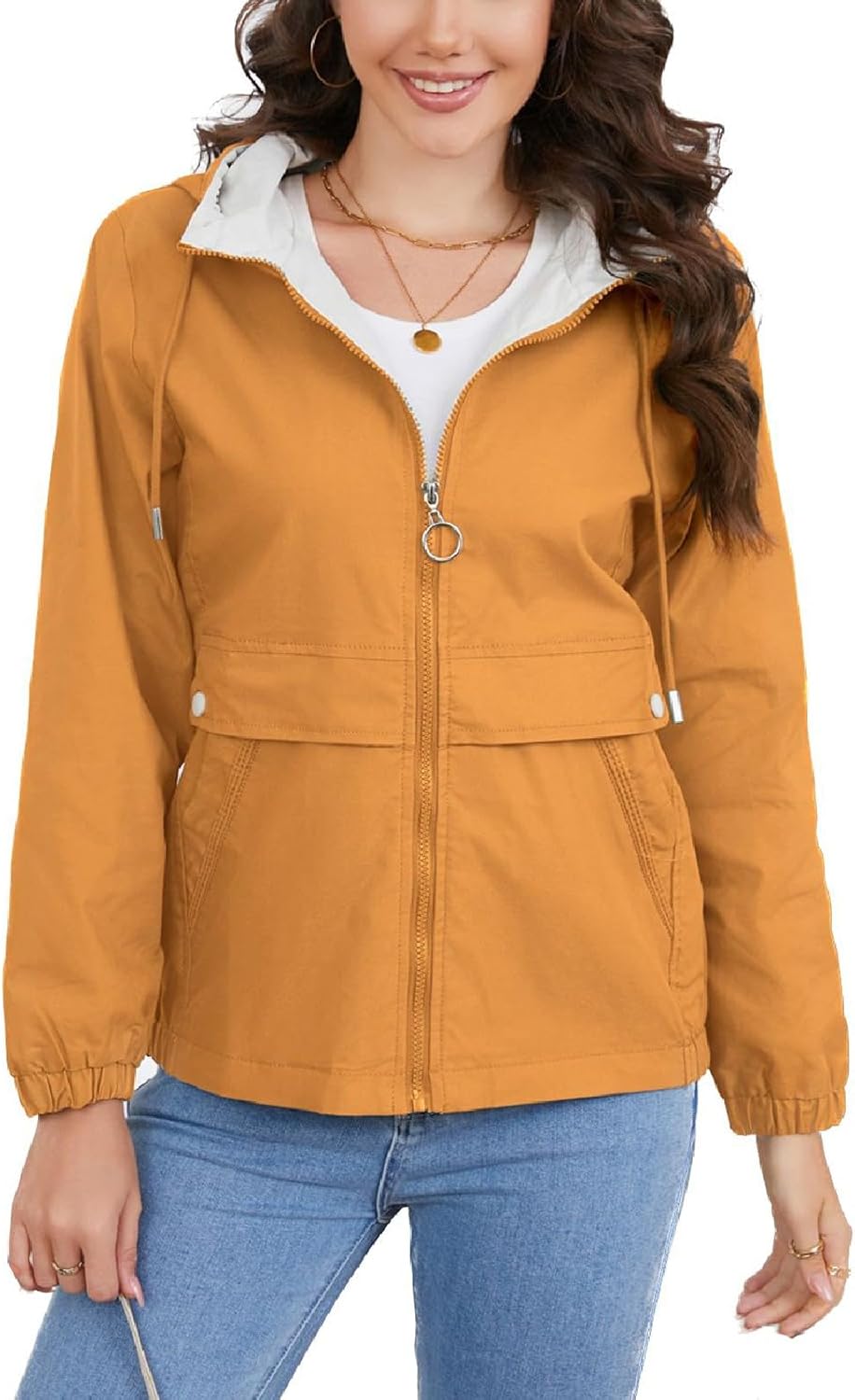 Lu's Chic Women's Waterproof Raincoat Lightweight Rain Jacket Slim Fit Hooded Windbreaker Zip Up