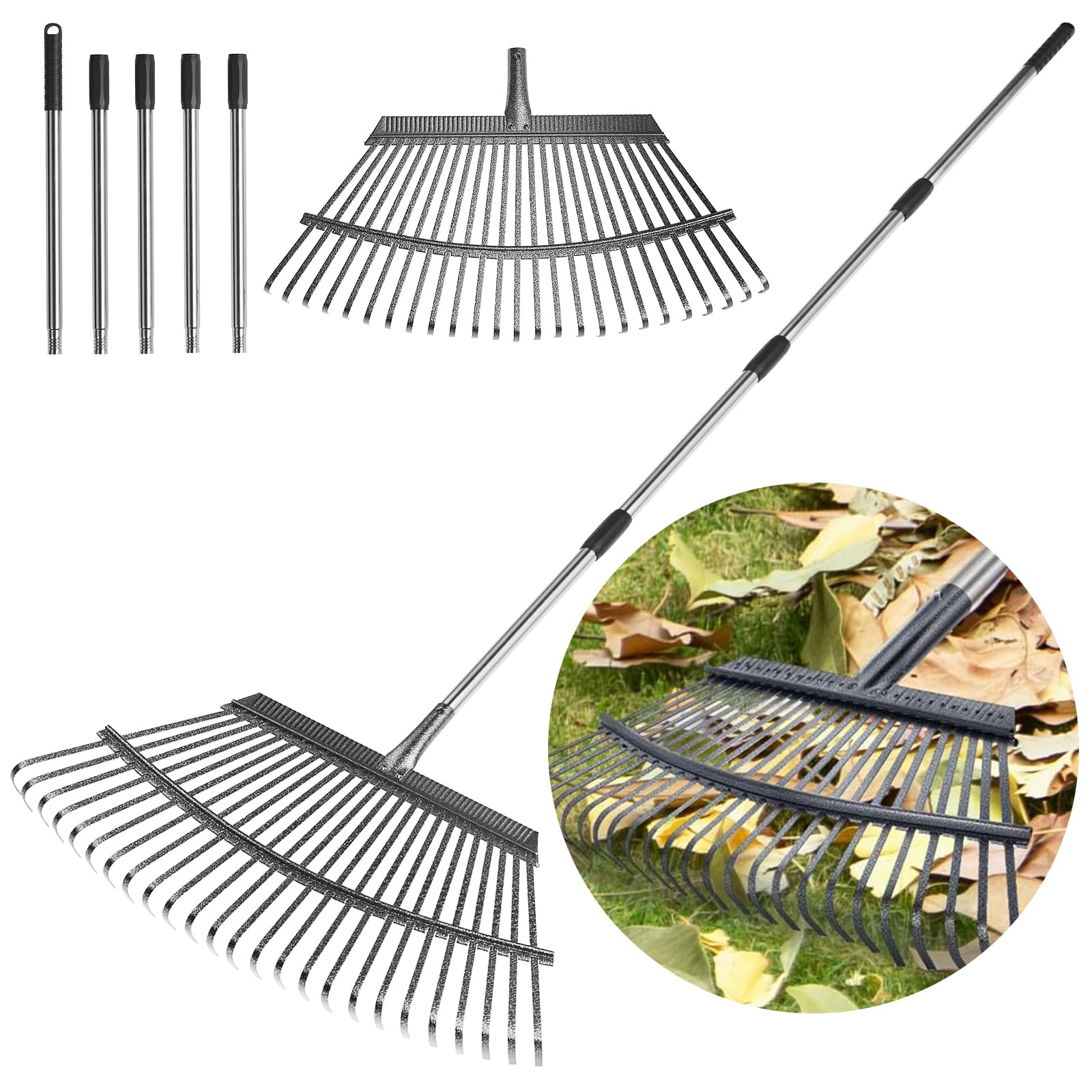 Rake for Leaves Heavy Duty 72 Inch Long Expandable Leaf Rake, 18 Inch Wide Garden Rakes with 25 Reinforced Tines and Stainless Steel Handle for Lawn, Yard, Leaf Cleanup