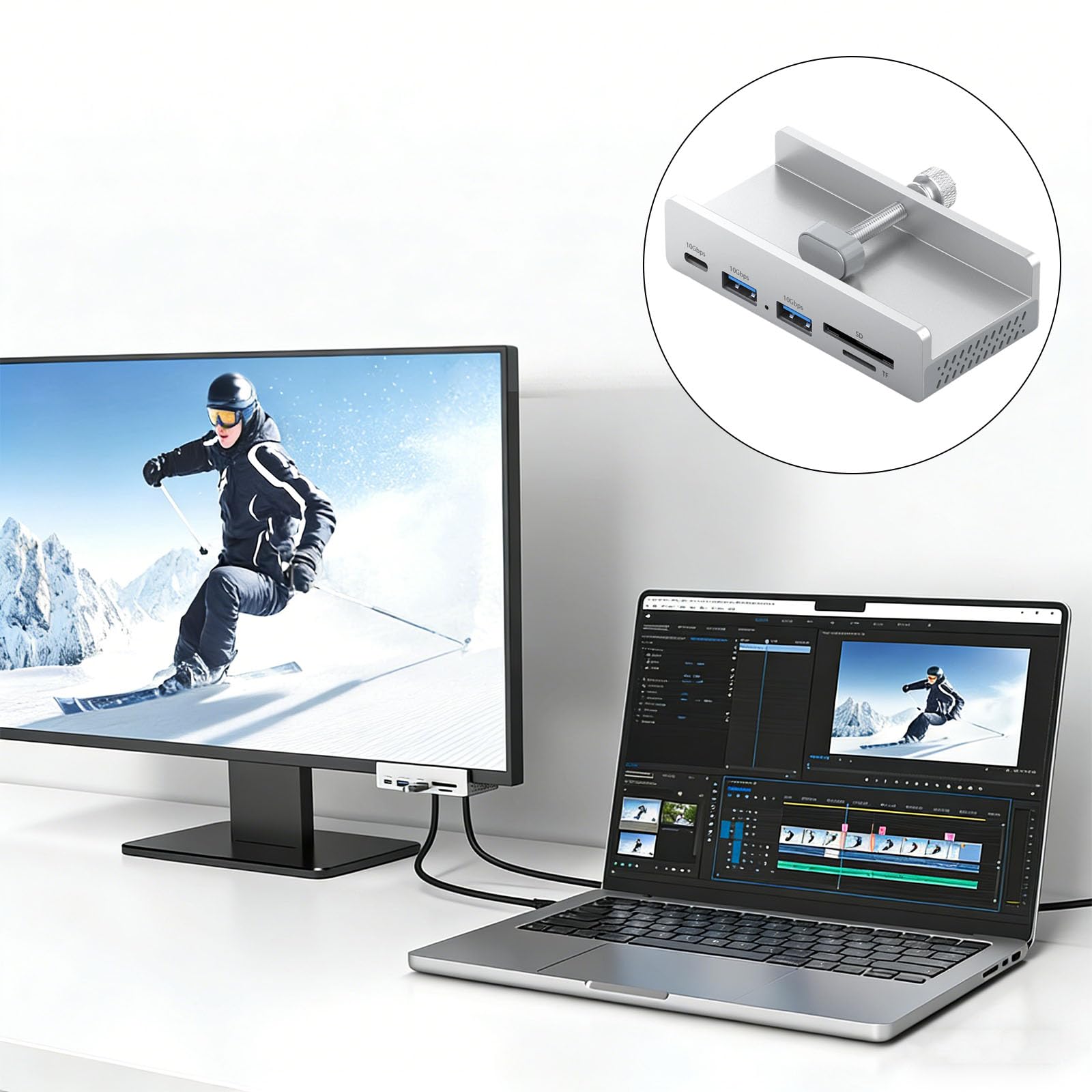 Innowacyjny adapter 7 połączeń typu C z jasnym wyświetlaczem wizualnym 4K 60Hz i gniazdem na kartę pamięci Hub USB C