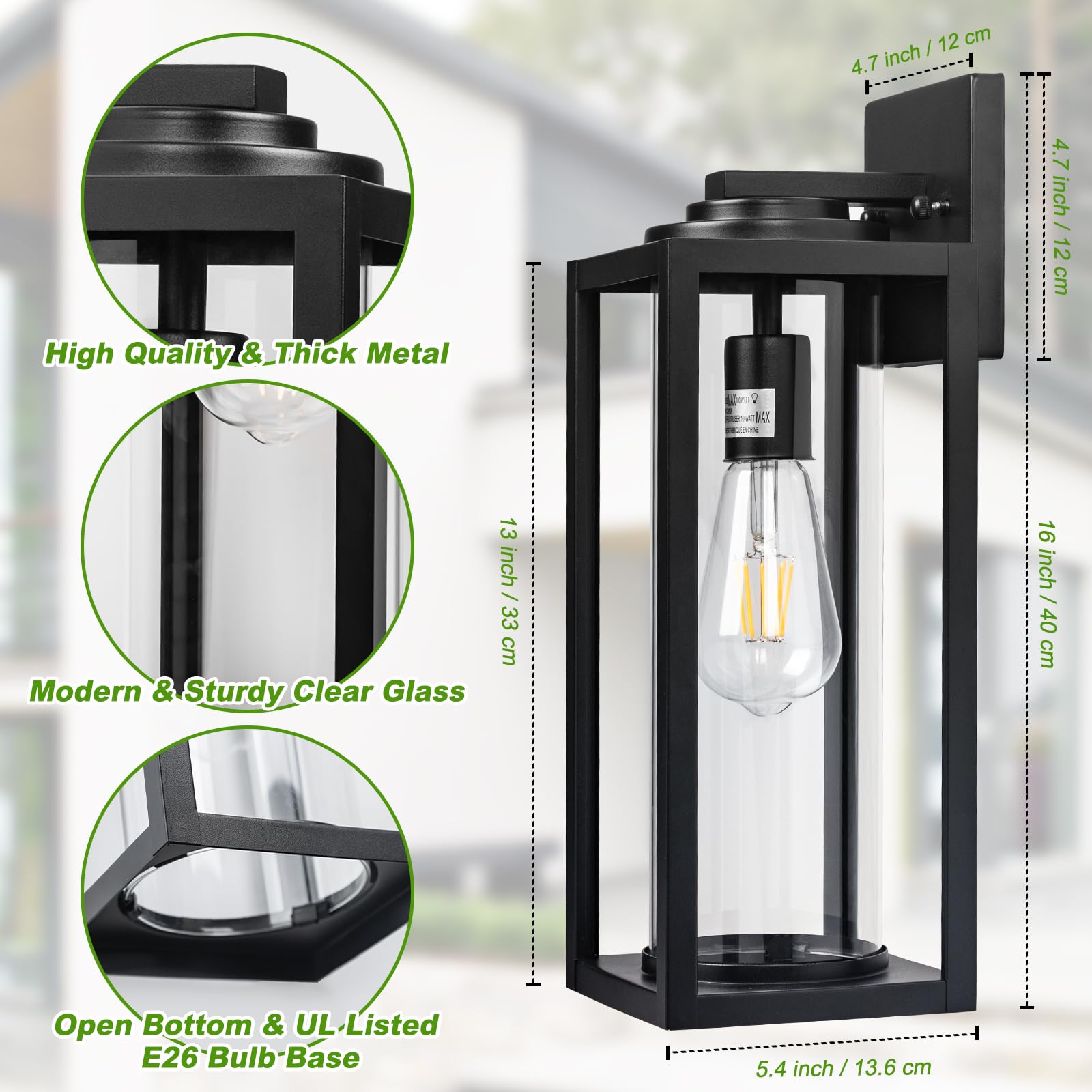 16inch Large Outdoor Wall Lights - 2 Packs Modern Black Exterior Light Fixture with Clear Glass Shade Waterproof — view 4