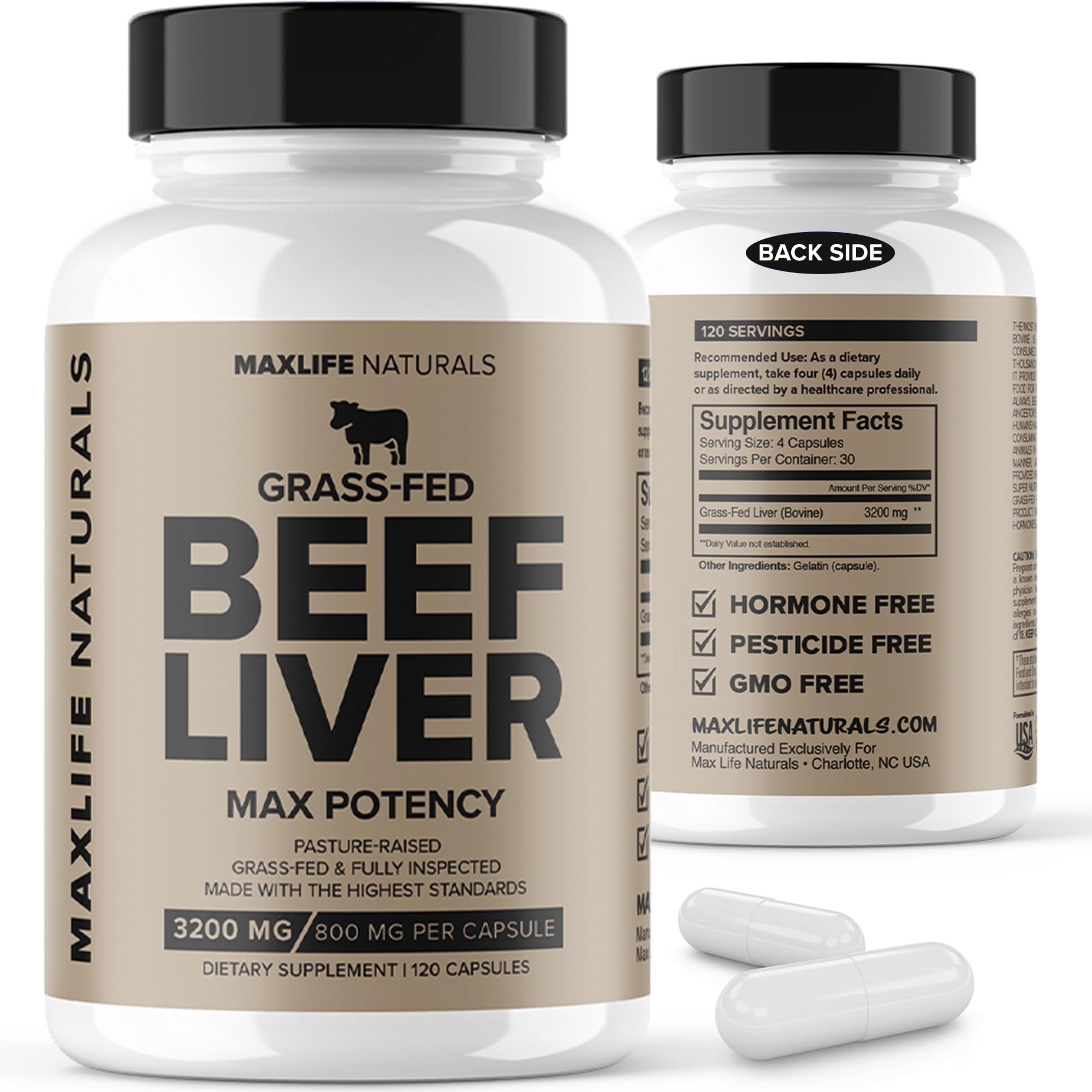 MaxLife Naturals Grass Fed Beef Liver Capsules 3200mg 120 Count