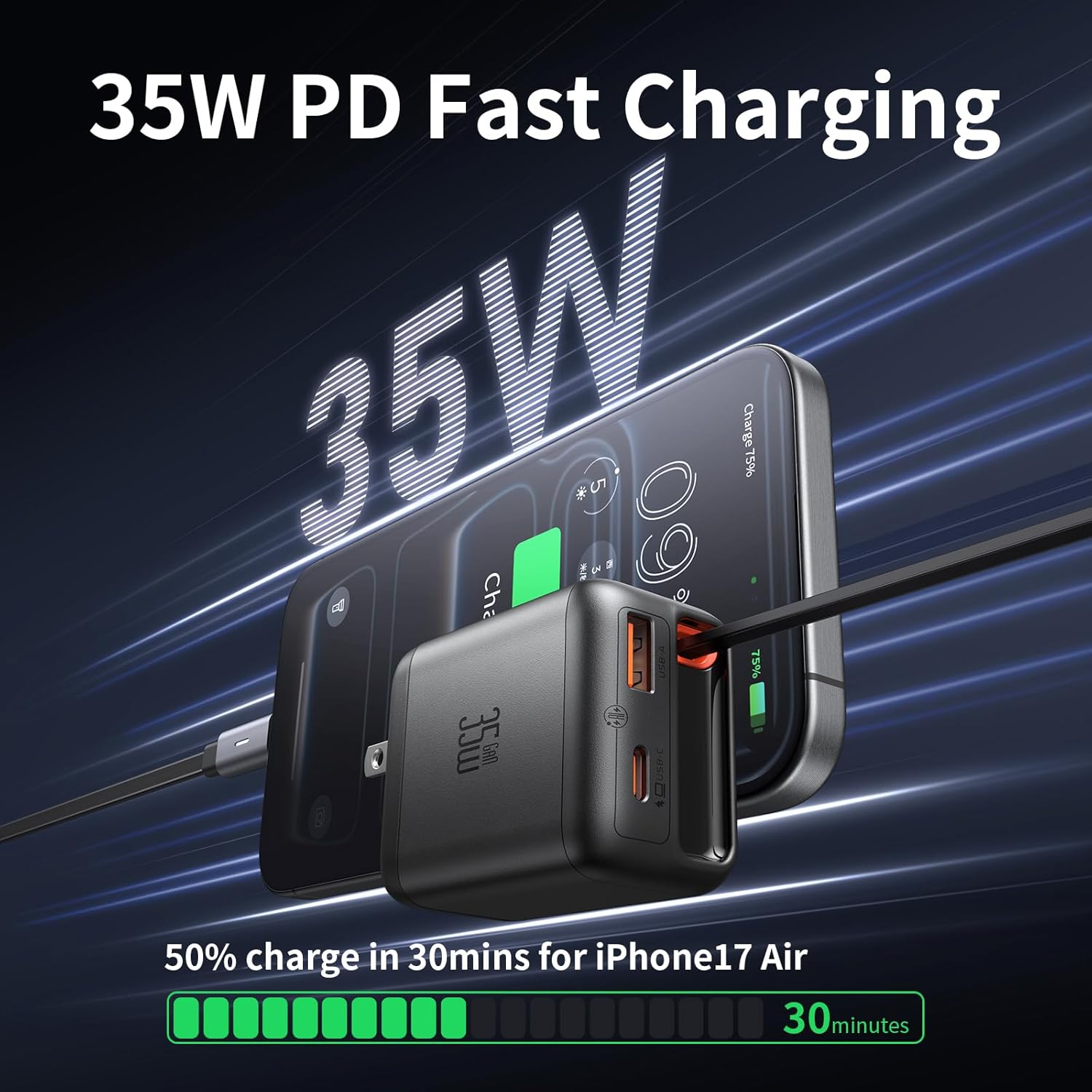 Mcdodo 35W USB C Charger Block with Retractable Type-C Cable, Dual Port (USB A+C) Foldable Wall Charger GaN Fast Charging Bolck Fit iPhone 16 15 Pro/ProMax/Plus, Galaxy, iPad