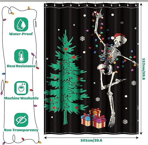 Miniatura 2 de Peryiter Juego de 4 cortinas de ducha de esqueleto navideño con alfombrilla antideslizante, cubierta para tapa de inodoro y tapete de baño, cortina