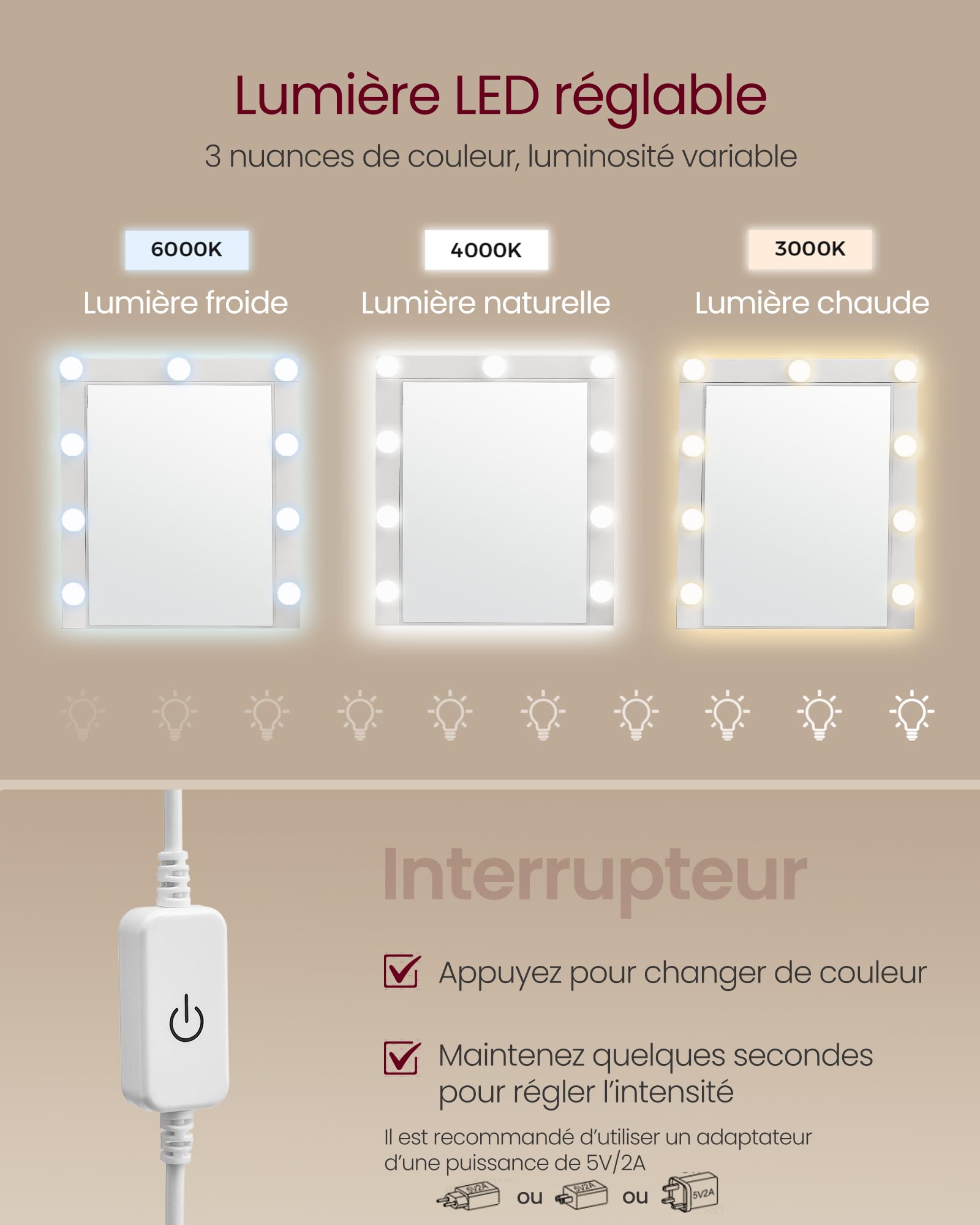 VASAGLE Kailyn Collection - Coiffeuse, Miroir LED, Éclairage 3 Couleurs Réglable, Table de Maquillage avec Miroir, 2 Tiroirs et 3 Compartiments, Coin Beauté, Style Moderne, Blanc RDT114WB01