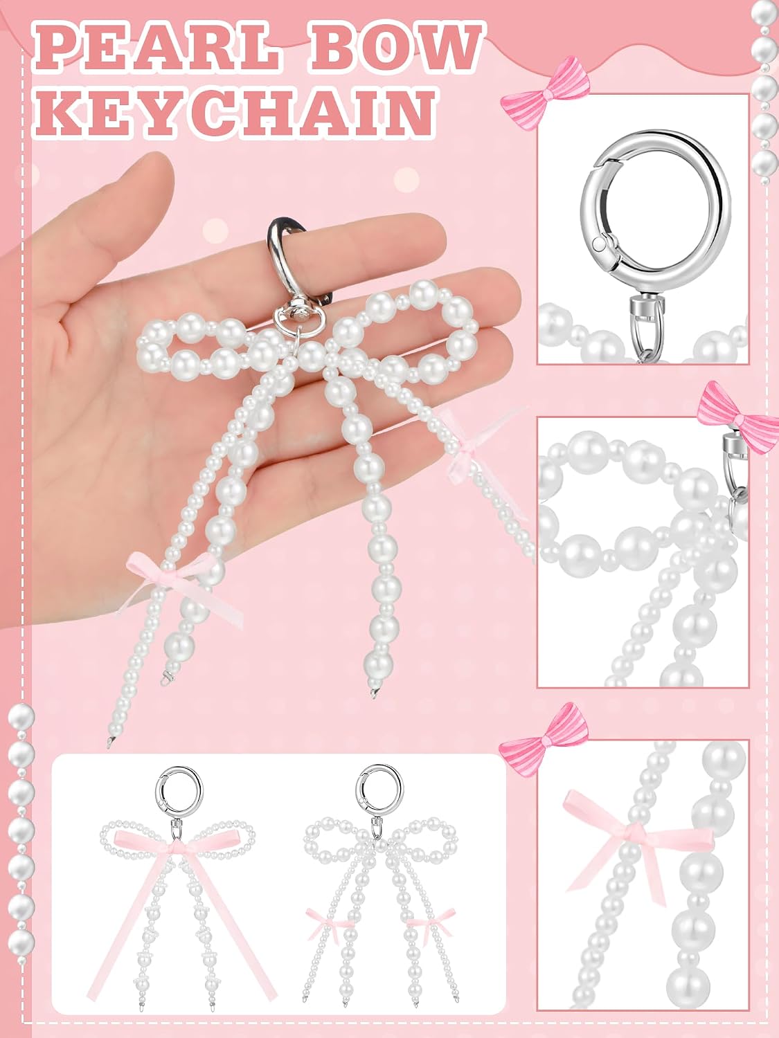 Sureio 12 Pcs Cute Bow Keychain Pink Pearl Bow Keychain for Women Wedding Gifts Bowknot Beaded Keyring Bag Charms for Purse Handbags Backpack Purse Car Key Chain