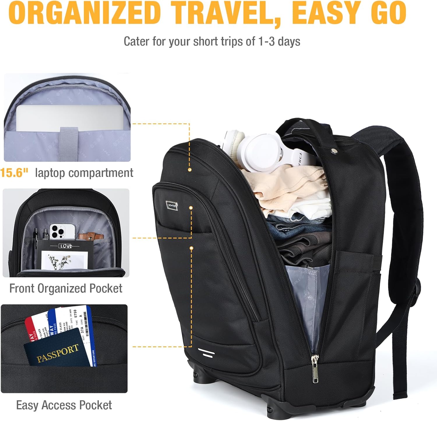 Rolling Backpack, 15.6 inch Laptop Backpack with 4 Spinner Wheels, Carry on Travel Backpack Water Resistant Wheeled Backpacks for Women Men Suitable for Overnight College Work, Black - Image 2