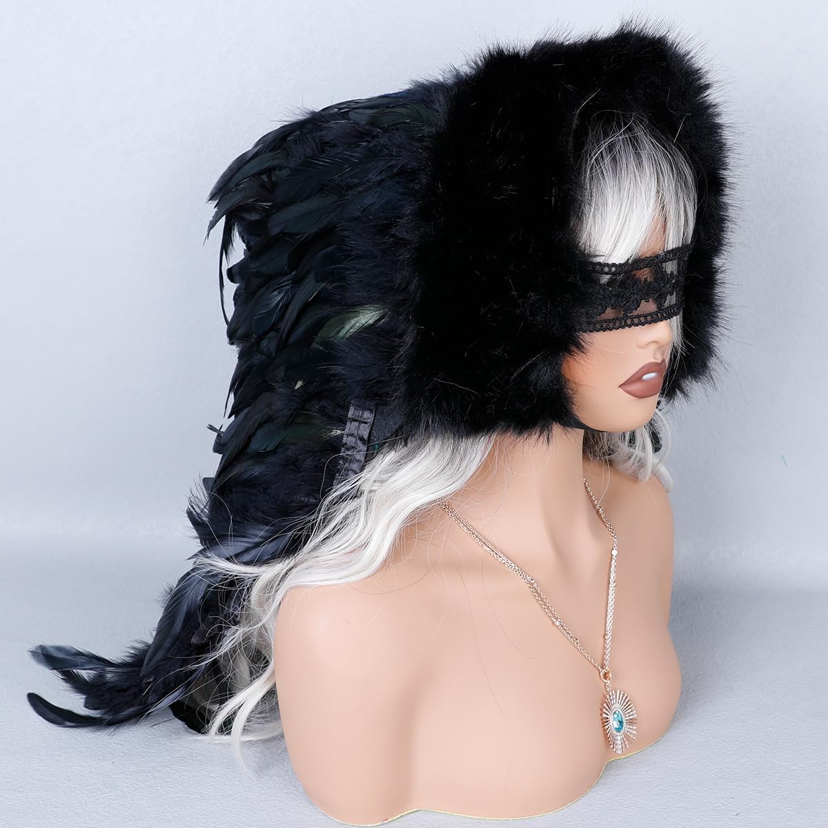 Black Feather Hood Headpiece – Handmade Costume Hood with Faux Fur Trim, Festival Party and Stage Performance Accessory