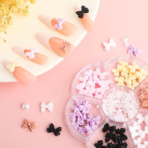 Miniatura 5 de Colorido nudo de uñas de diamantes de imitación de cristal, dijes de uñas de lazo con juego de perlas de uñas y caja de compartimentos, dijes de