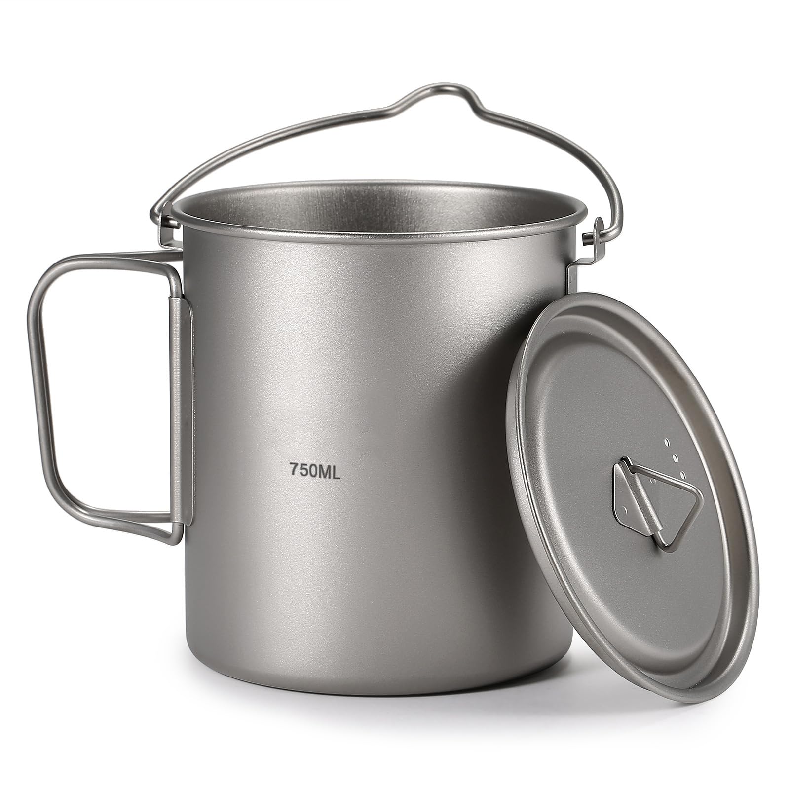 HUIOP Ultraleichter 750 ml Titan-Topf, tragbarer Titan-Wasserbecher mit Deckel und faltbarem Griff, Outdoor, Camping, Kochen, Picknick