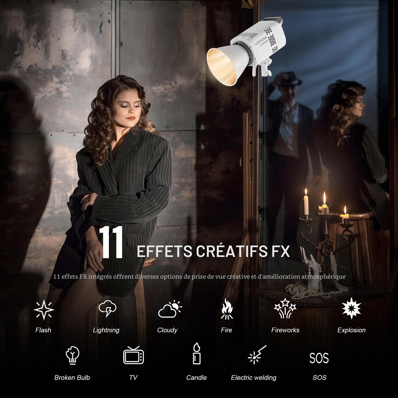 Godox Litemons LE300Bi LE300 Bi Éclairage Continu LED Video Light 320W 2800K~6500K 58900 Lux/1m TLCI/CRI≈98 Contrôle Bluetooth 11 Effets FX Monture Bowens Éclairage Vidéo pour Vlogging,Youtube(Blanc