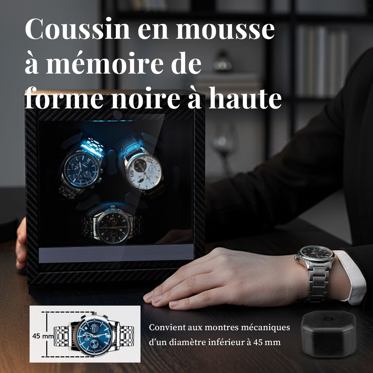 Mcbazel Boîte Remontoir Automatique Ultra Silencieux, 4 Modes de Rotation avec Lumière LED Bleue, Montre Programmable pour 3 Montres, Boîte de Rangement Alimentée par USB avec Oreillers en Mousse