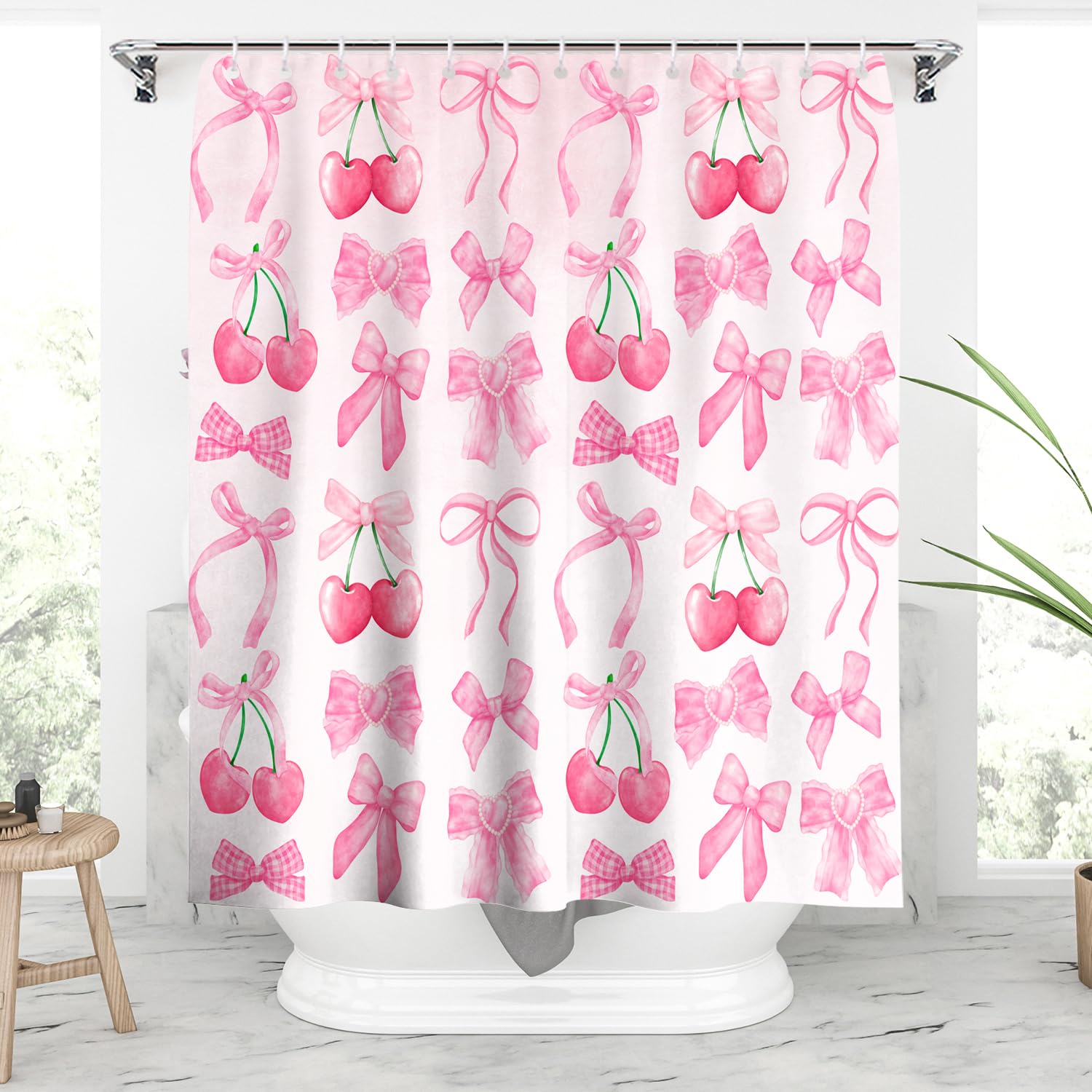 FADALO Pink Bow Shower Curtain,Cherry Bow Waterproof Shower Curtain Sets for Bathroom with 12 Hooks,Pink Bow Bathroom Accessories for Women Girls