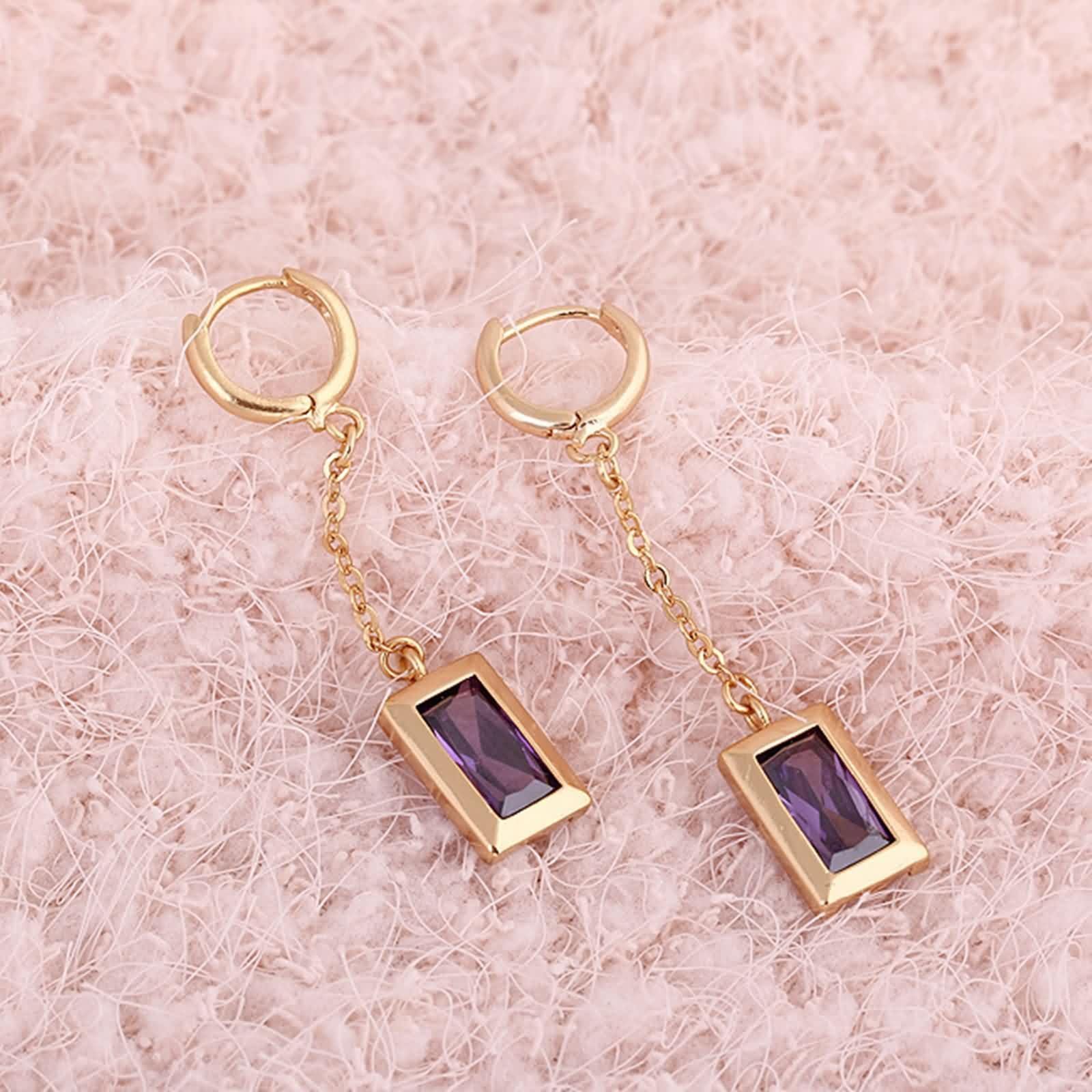 Pendientes de aro de oro amarillo Au585 de 14 quilates, para mujer, amatista morada, corte rectangular, oro de 14 quilates, pendientes pequeños de oro real