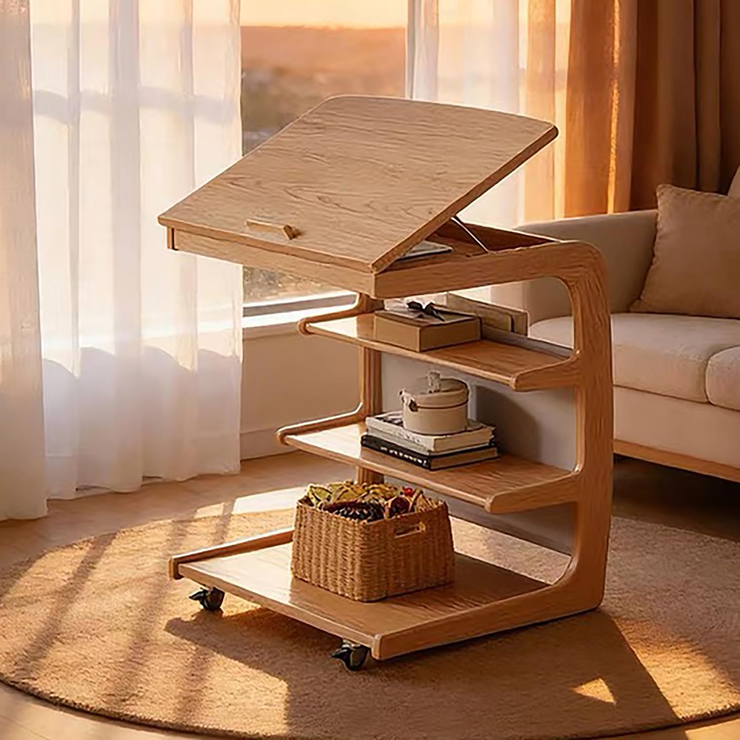 Table basse en chêne massif en C 60x40 cm avec plateau réglable et roulettes