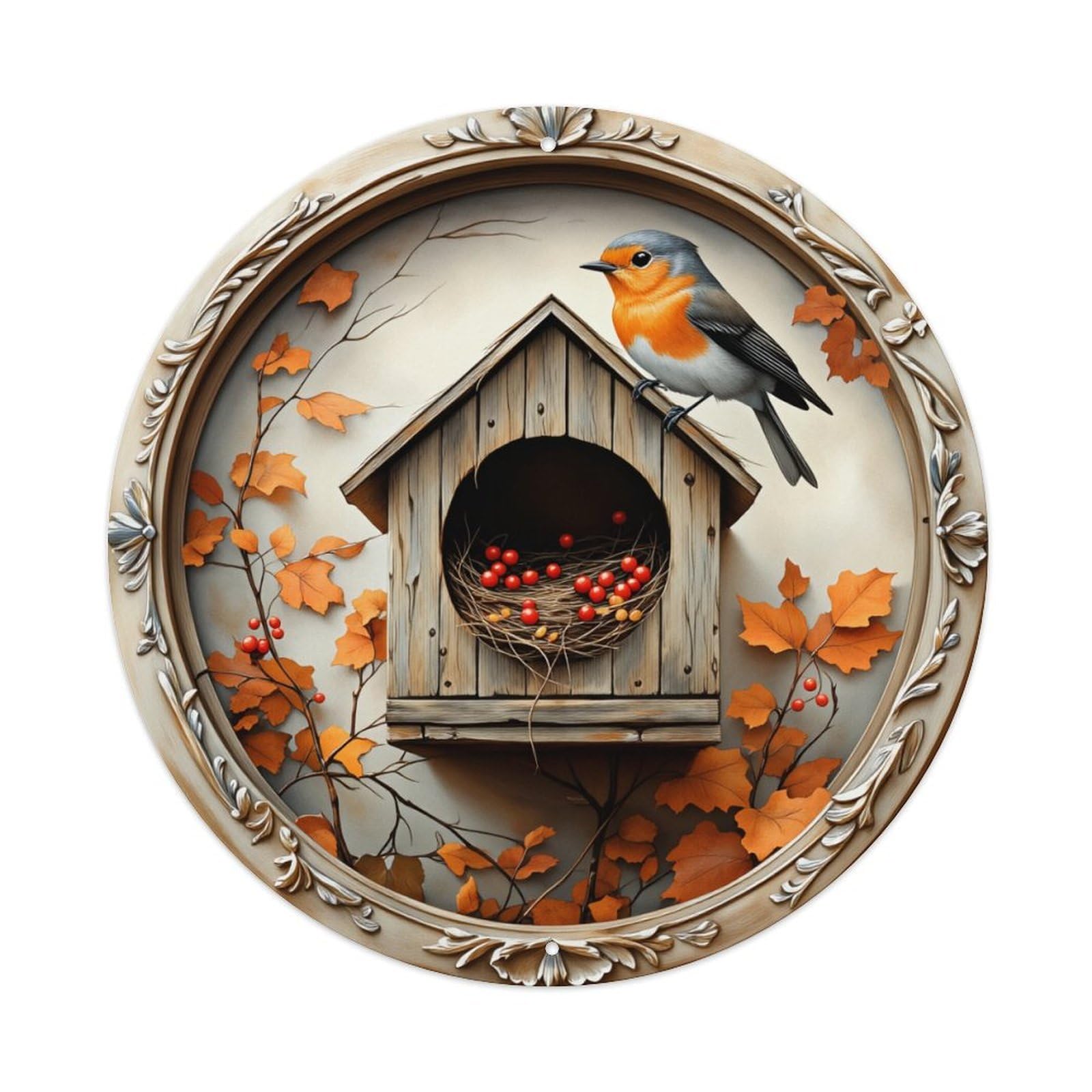 Bird House Autumn Leaves Berries Round Tin Sign Vintage Metal Sign Home Bar Garden Indoor & Outdoor Wall Decor Retro Metal Poster 8x8 Inch