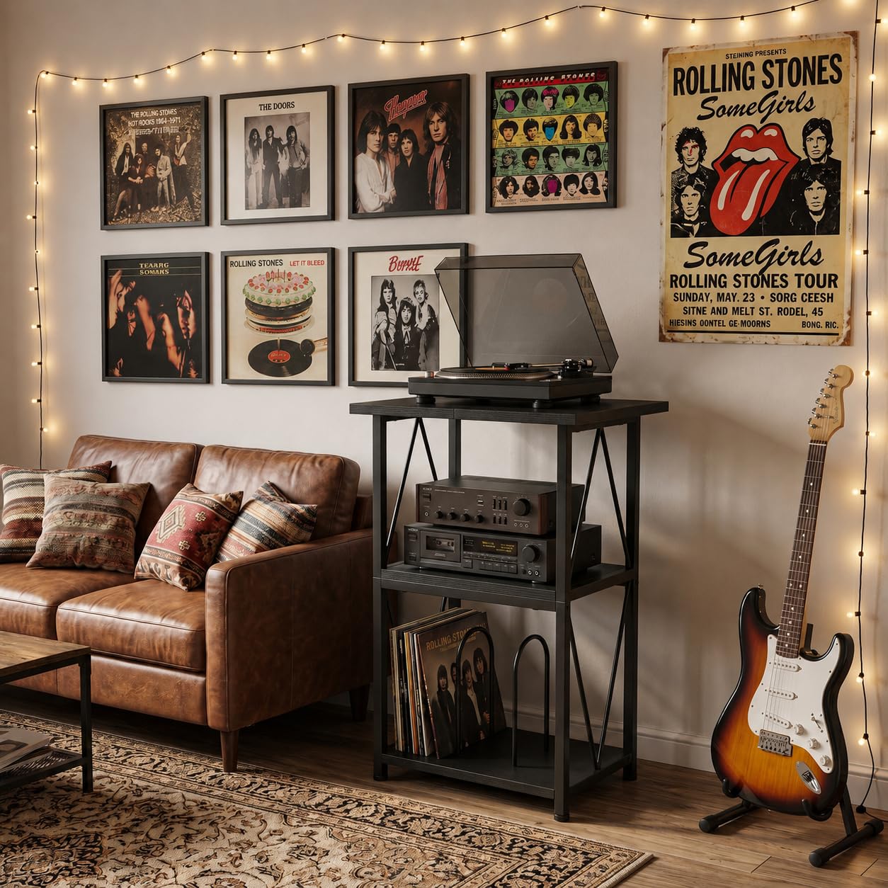 Plattenspieler Regal mit Ladestation, Schallplatten Regal, Beistelltisch | Plattenspieler Regal mit breiter schwarzer Strukturplatte, stabilem Rahmen & Platz für 100 LPs – für Wohn-, Schlaf- & Büro.