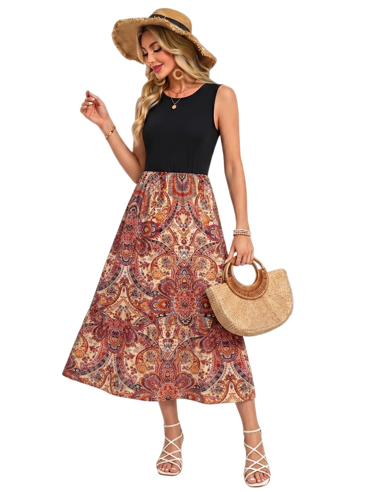 YUTILA Damen Sommerkleid Ärmellos Maxi Kleid Rundhals Zweiteilig Look Luftig Freizeitkleid mit Blumenmuster Elegant & Casual