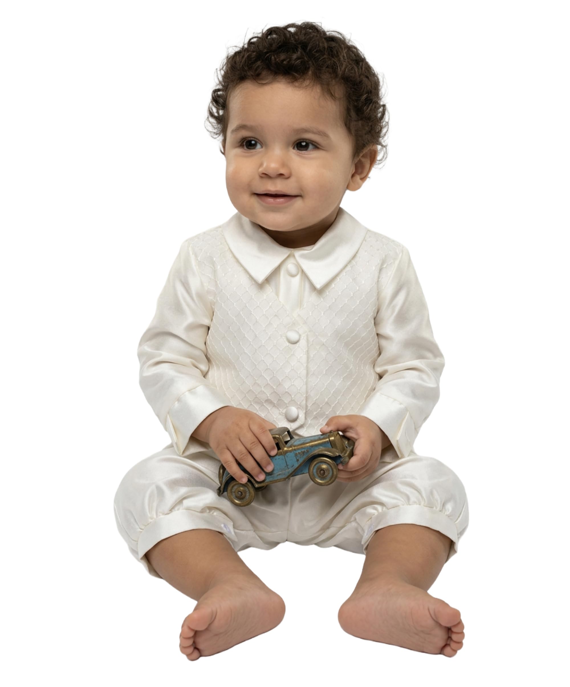 SIRRI Completo da Battesimo per Neonato Color Avorio, Composto da Tutina, Cappellino e Gilet Testurizzato.