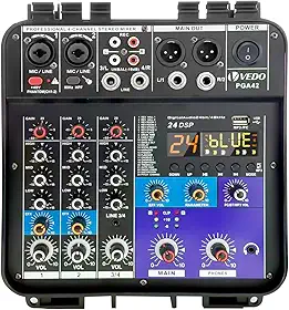 VEDO Mixer de áudio profissional portátil de 4 canais com dois amplificadores de 150 W, Bluetooth 5.0, fonte de alimentação de 48 V e porta USB para PC/MP3 para apresentações ao vivo e conferências