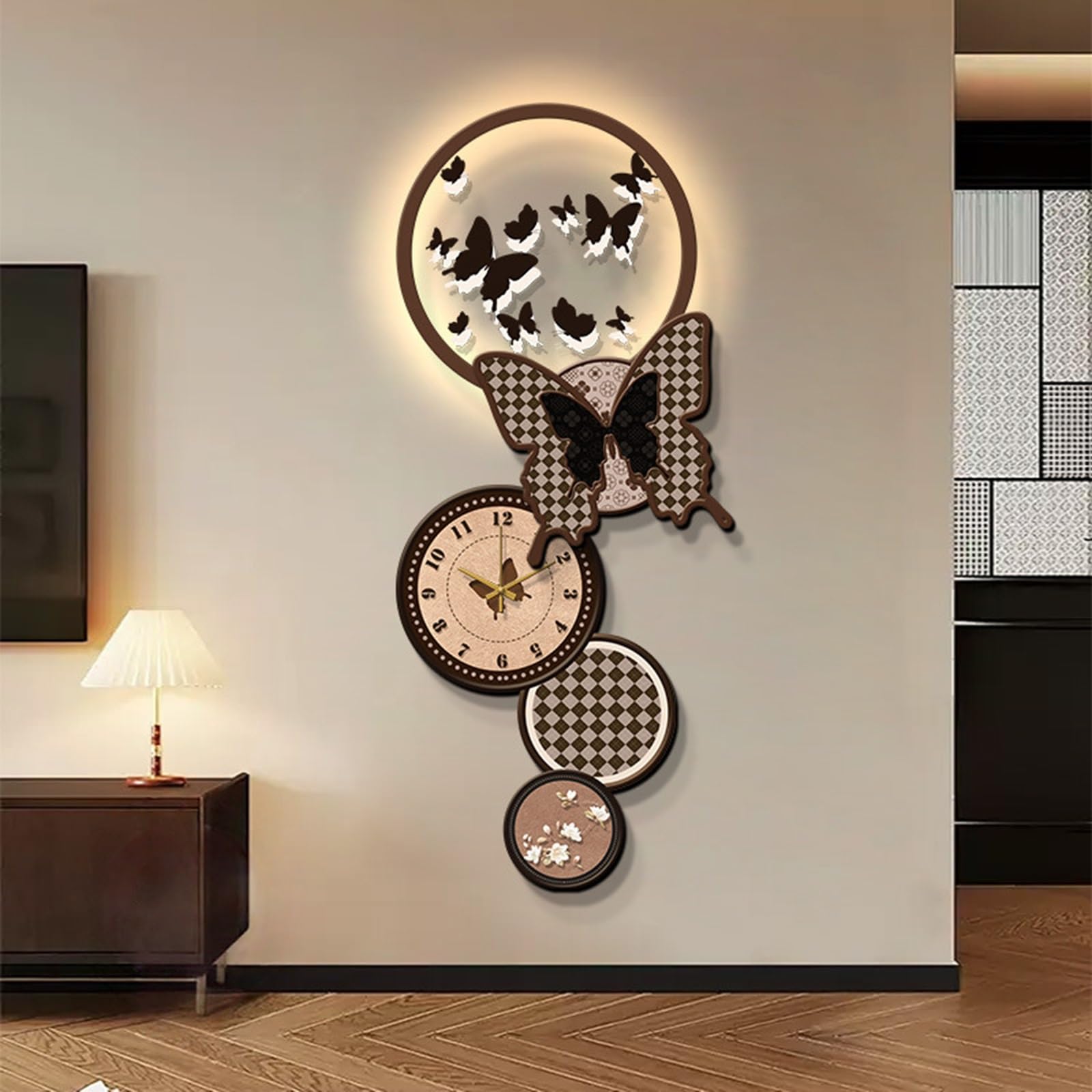 Grande orologio da parete, 3D decorativo silenzioso orologio con pendolo, decorazione da parete in porcellana di cristallo con luci a LED per la decorazione domestica