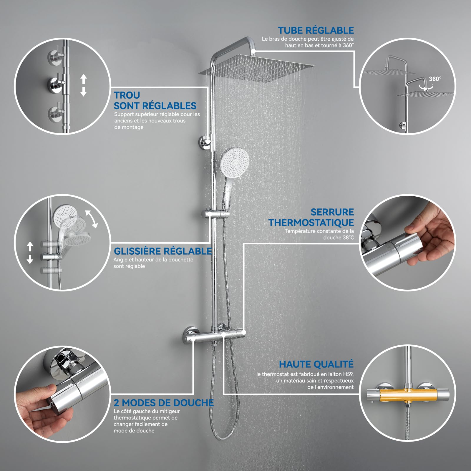 Auralum Colonne de Douche avec Mitigeur Thermostatique, Douche Pluie en Acier Inoxydable 30 x 30 cm, Douchette à 5 Modes, Barre de Douche Extensible (Chromé)